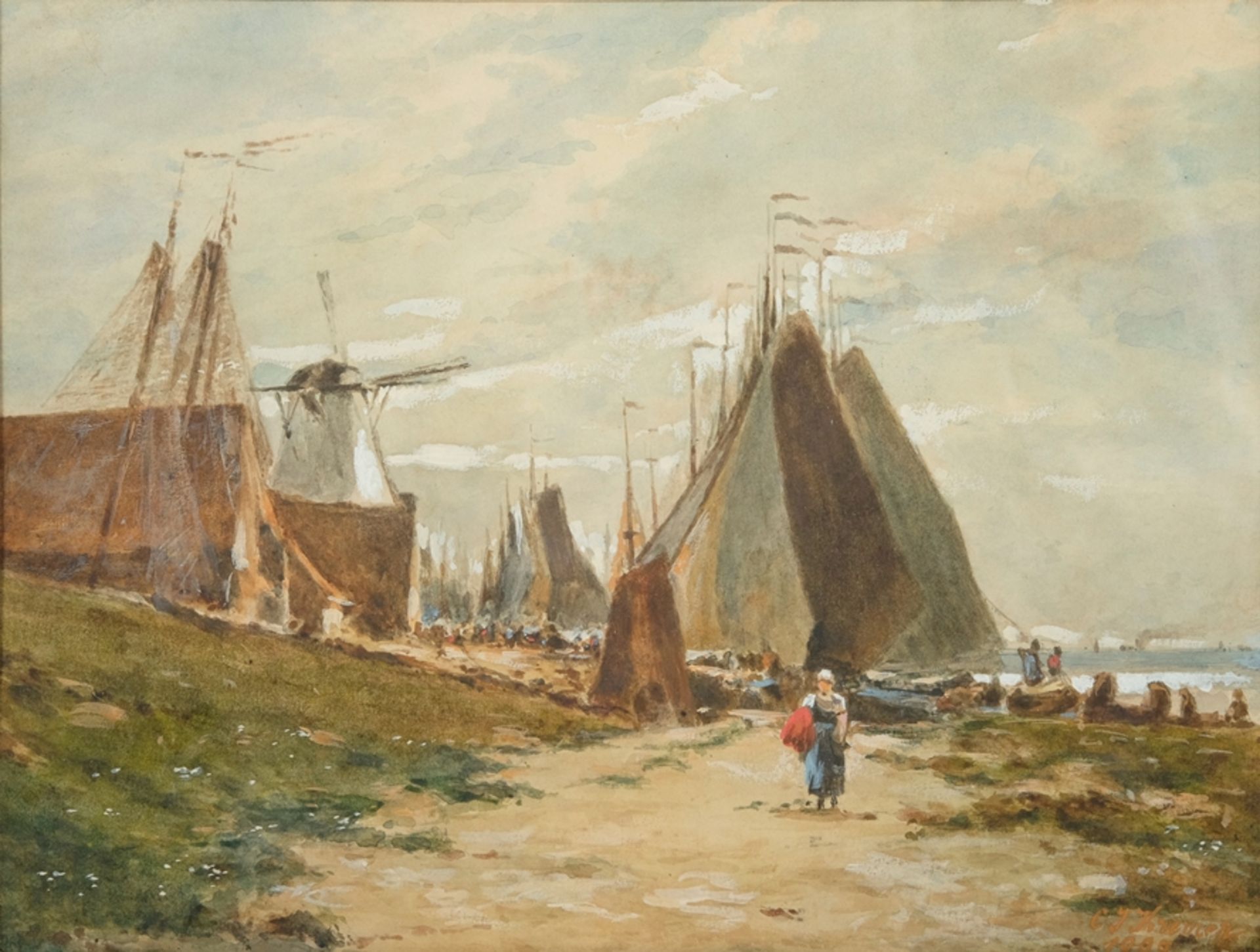 Kremer, C.J. (frühes 20. Jahrhundert) Windmühle und Segelschiffe, Gouache auf Pappe, 1909. 