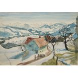 Einhart, Karl (1884-1976) View of a farm, horse at work in the foreground, the Alps in the backgrou