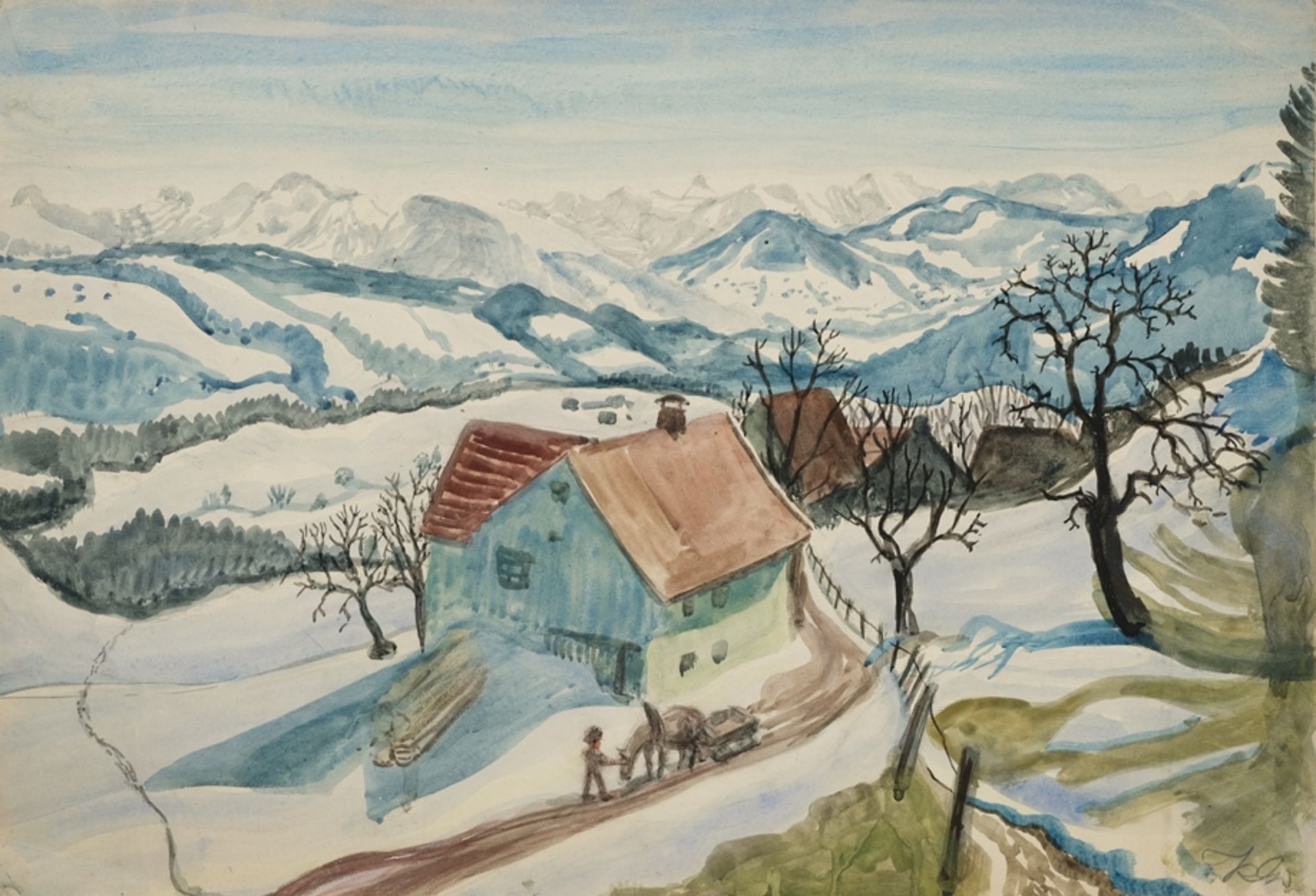 Einhart, Karl (1884-1976) Blick auf einen Bauernhof, im Vordergrund Pferd bei der Arbeit, im Hinter