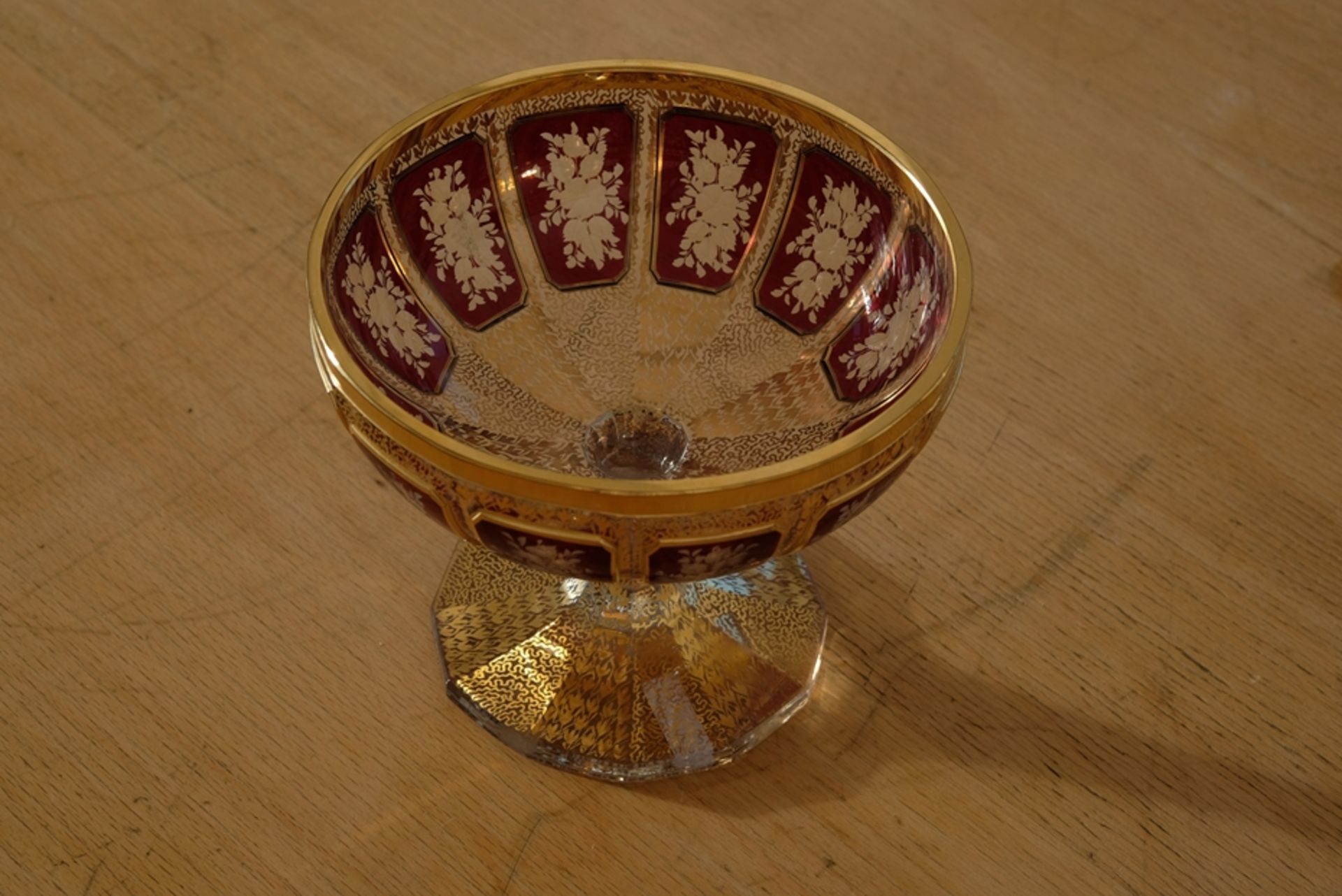 Foot bowl, probably Josephinenhütte, matt cut decoration, floral decoration, set in red and gold. T - Image 2 of 2