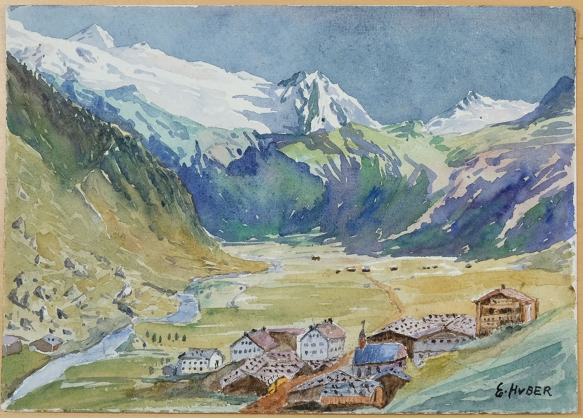 Huber, Ernst (1895-1960) Dorf im Tal, Aquarell. 