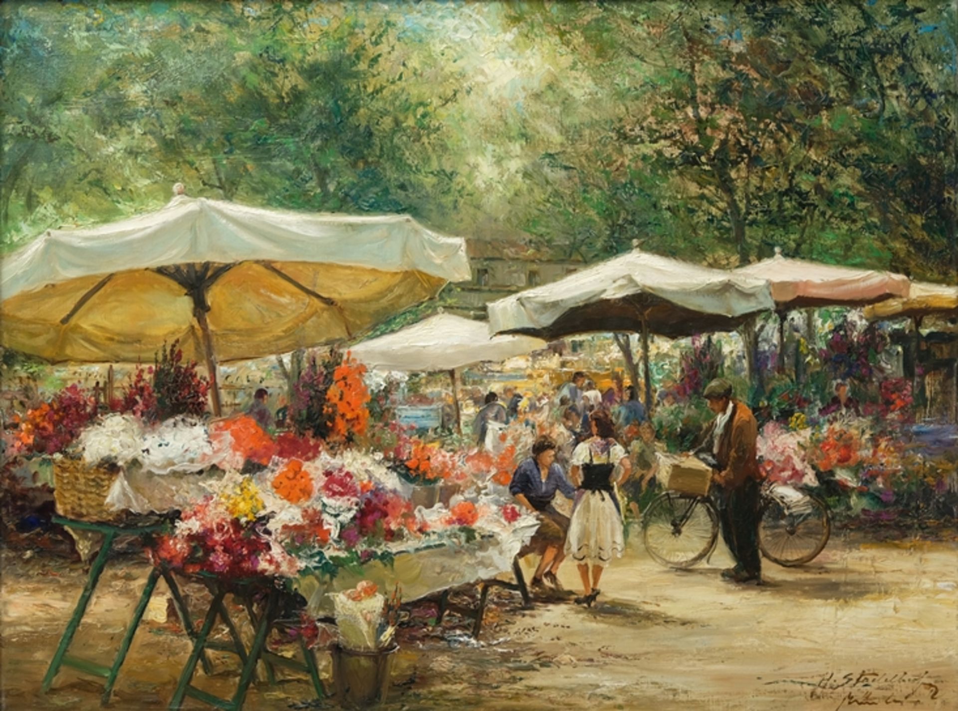 Stadelhofer, Helmut (1914-1979) Flower sale at the weekly market, oil on canvas. 