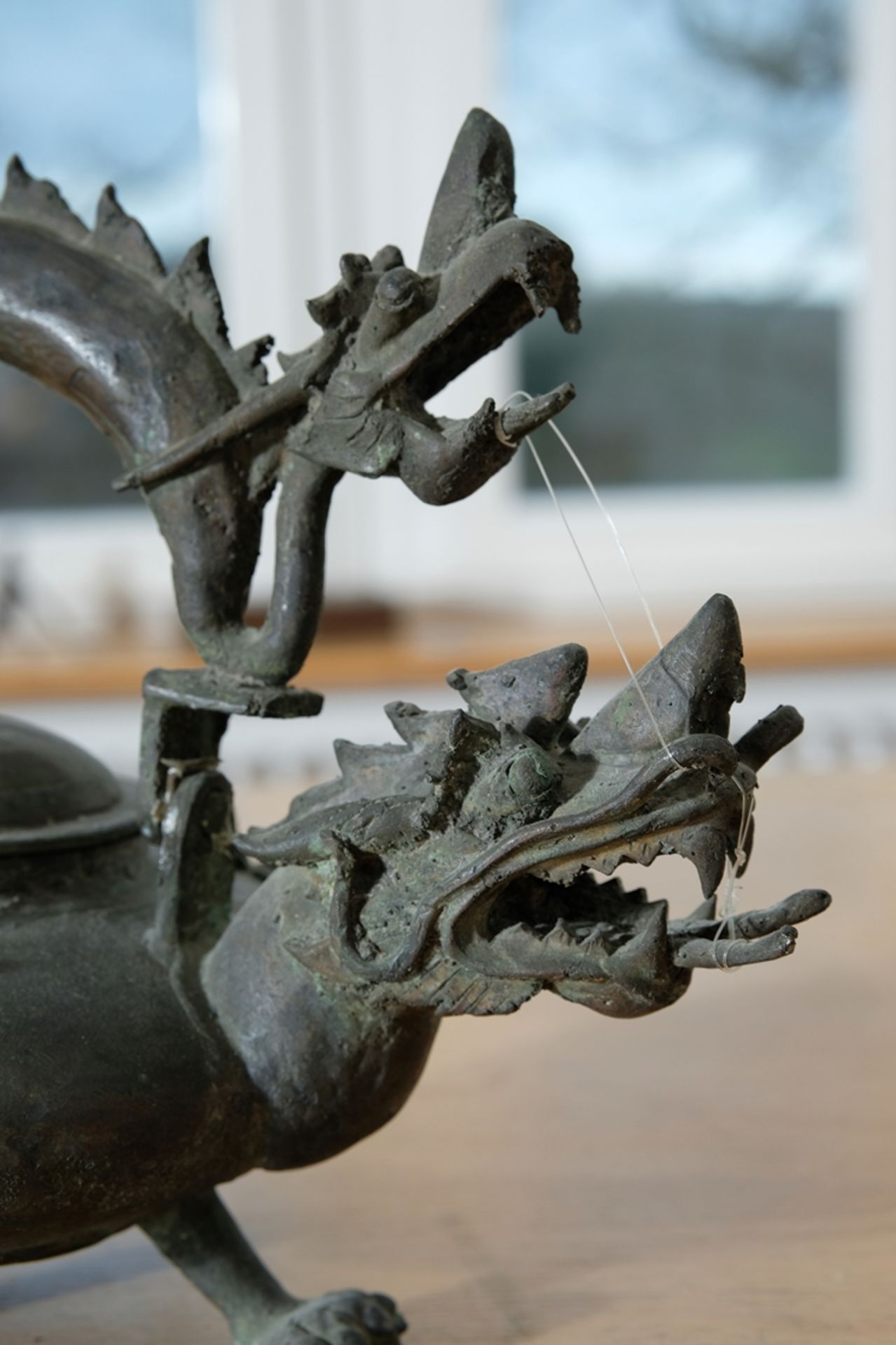 Dragon-shaped tea kettle with tripod stand.  - Image 3 of 4