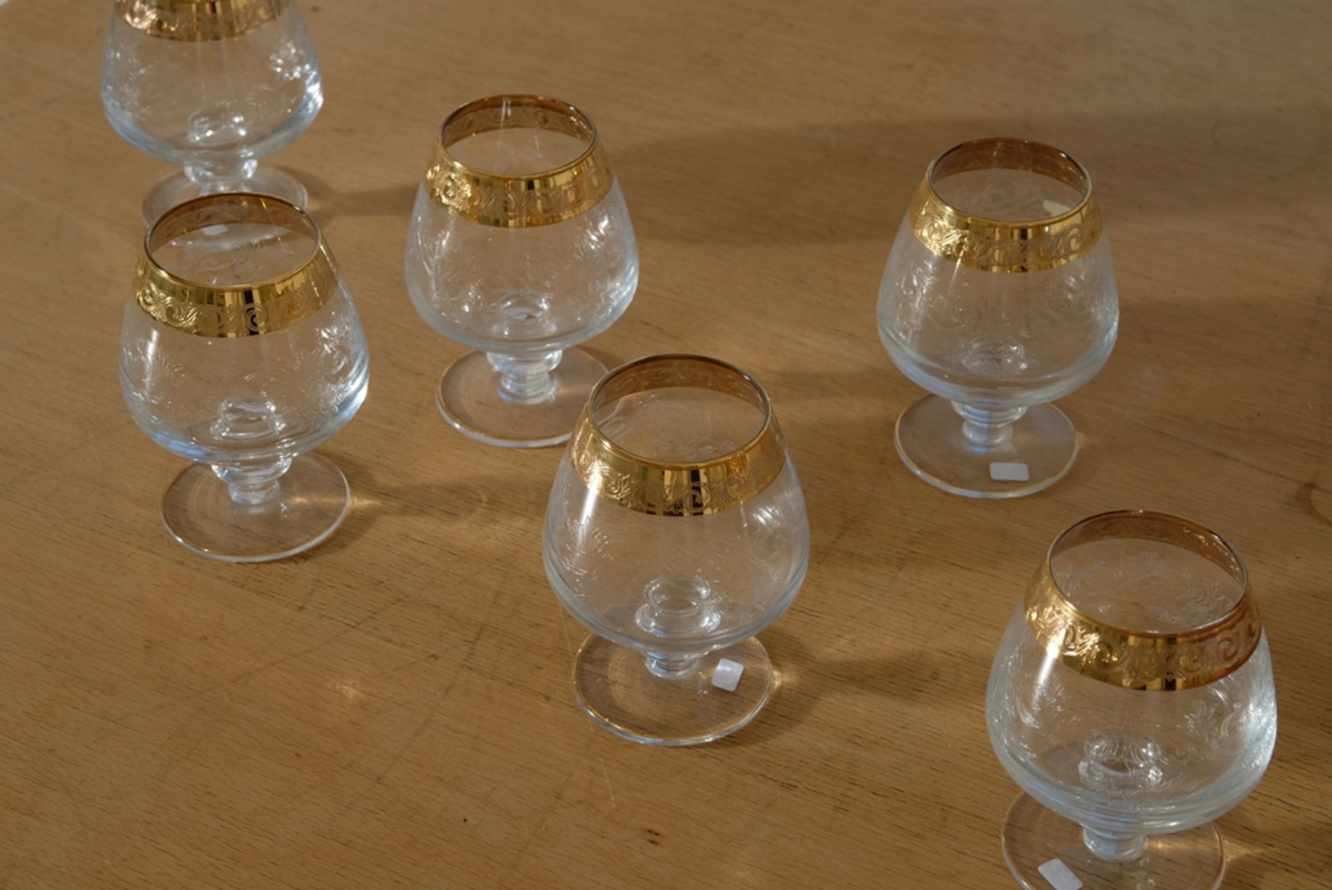 Murano Medici gold rim, six cognac glasses, crystal glass engraved with plant motifs. - Image 3 of 3