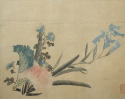 Seidenmalerei, Blätter- und Blüten-Arrangement, vermutlich 20 Jahrhundert, Japan.