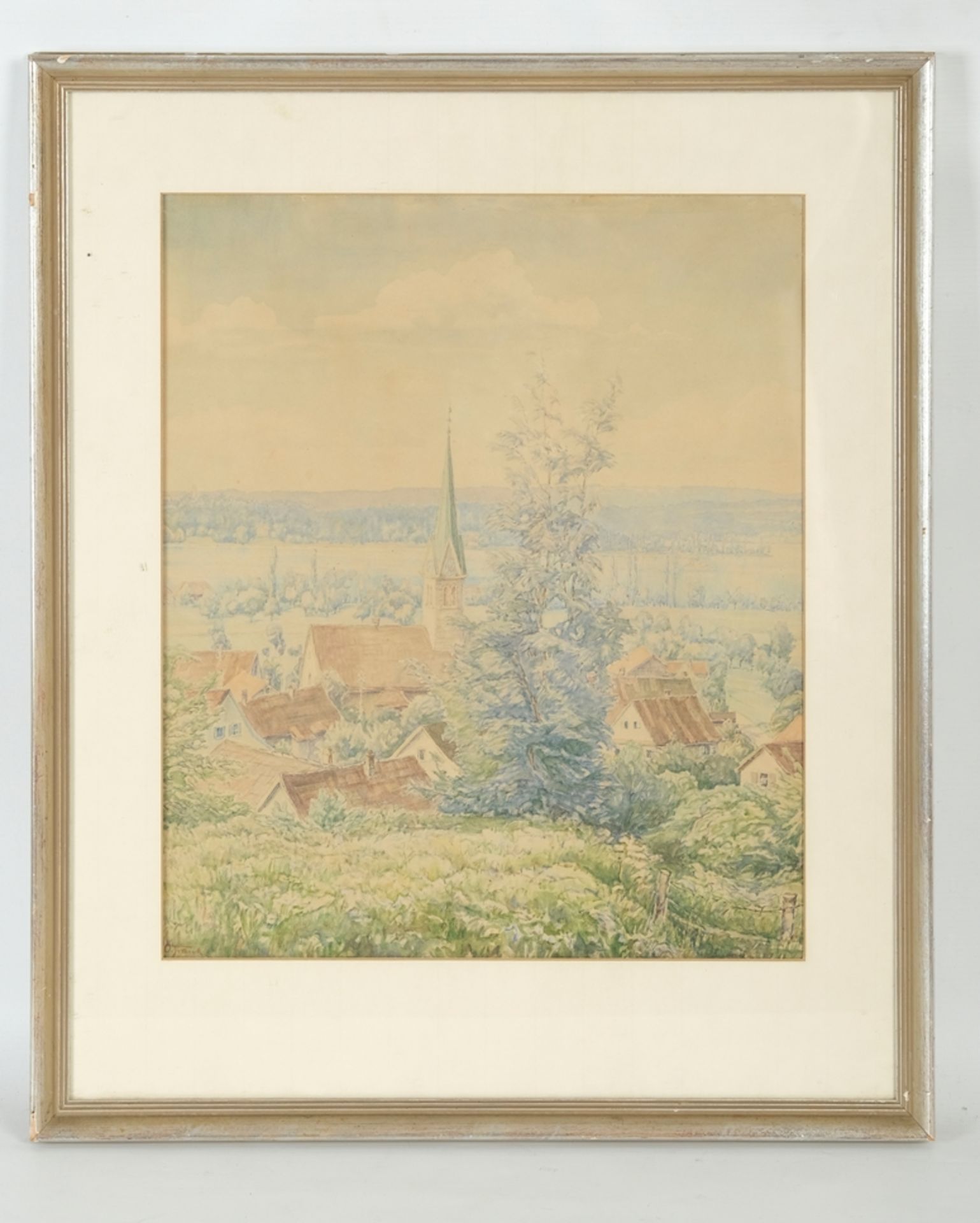 Frank, O. (20th century)(20th century) View from Unteruhldingen over the lake, no year, watercolour - Image 2 of 3