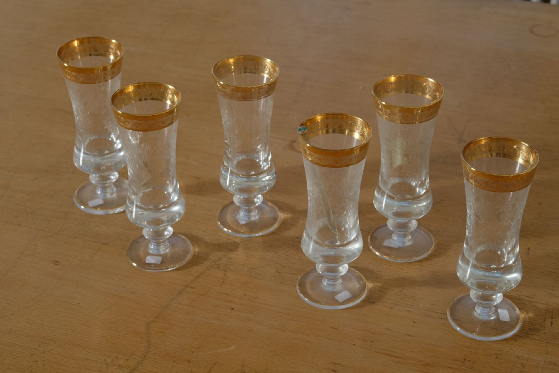 Murano Medici gold rim, six champagne flutes, crystal glass engraved with plant motifs. - Image 2 of 3