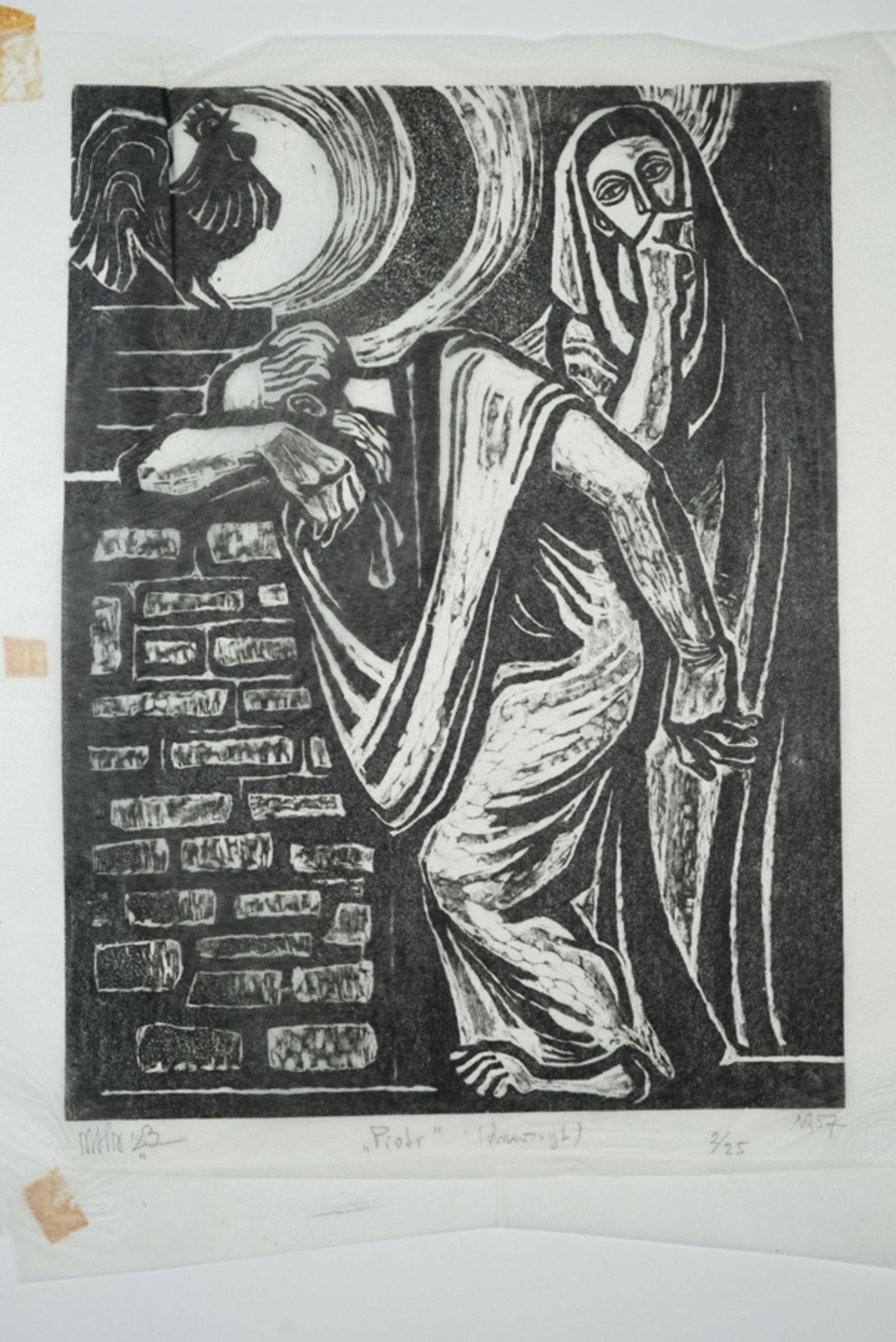 Hiszpanska-Neumann, Maria (1917-1980) "Piotr", depiction of St Peter, 1957, woodcut on tissue paper