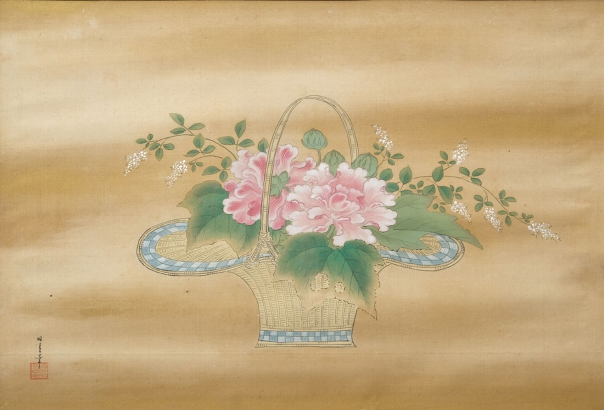 Seidenmalerei, Ikebana-Arrangement in Korb, vermutlich 20. Jahrhundert, Japan. 