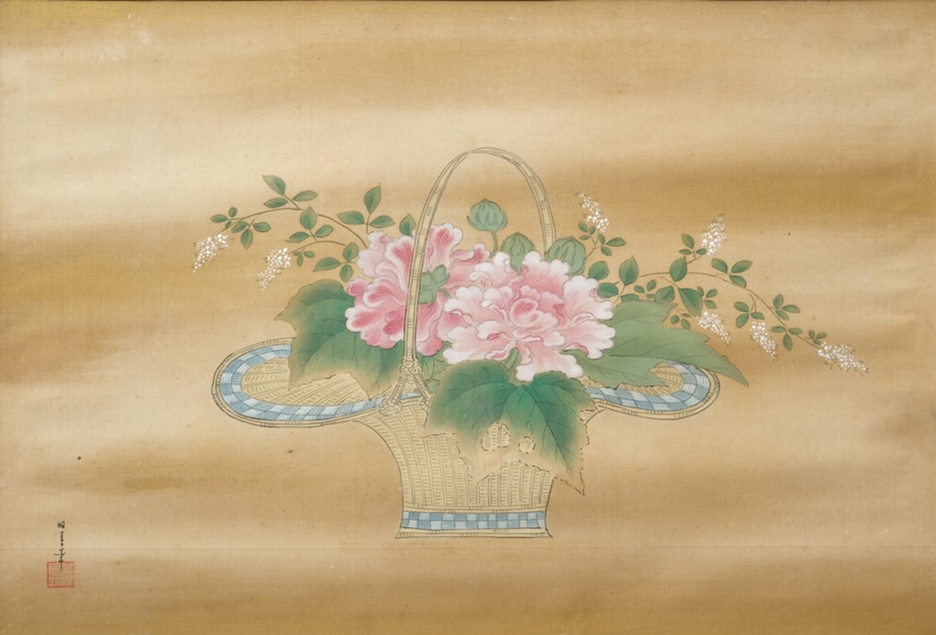 Silk painting, Ikebana arrangement in basket, probably 20th century, Japan. 