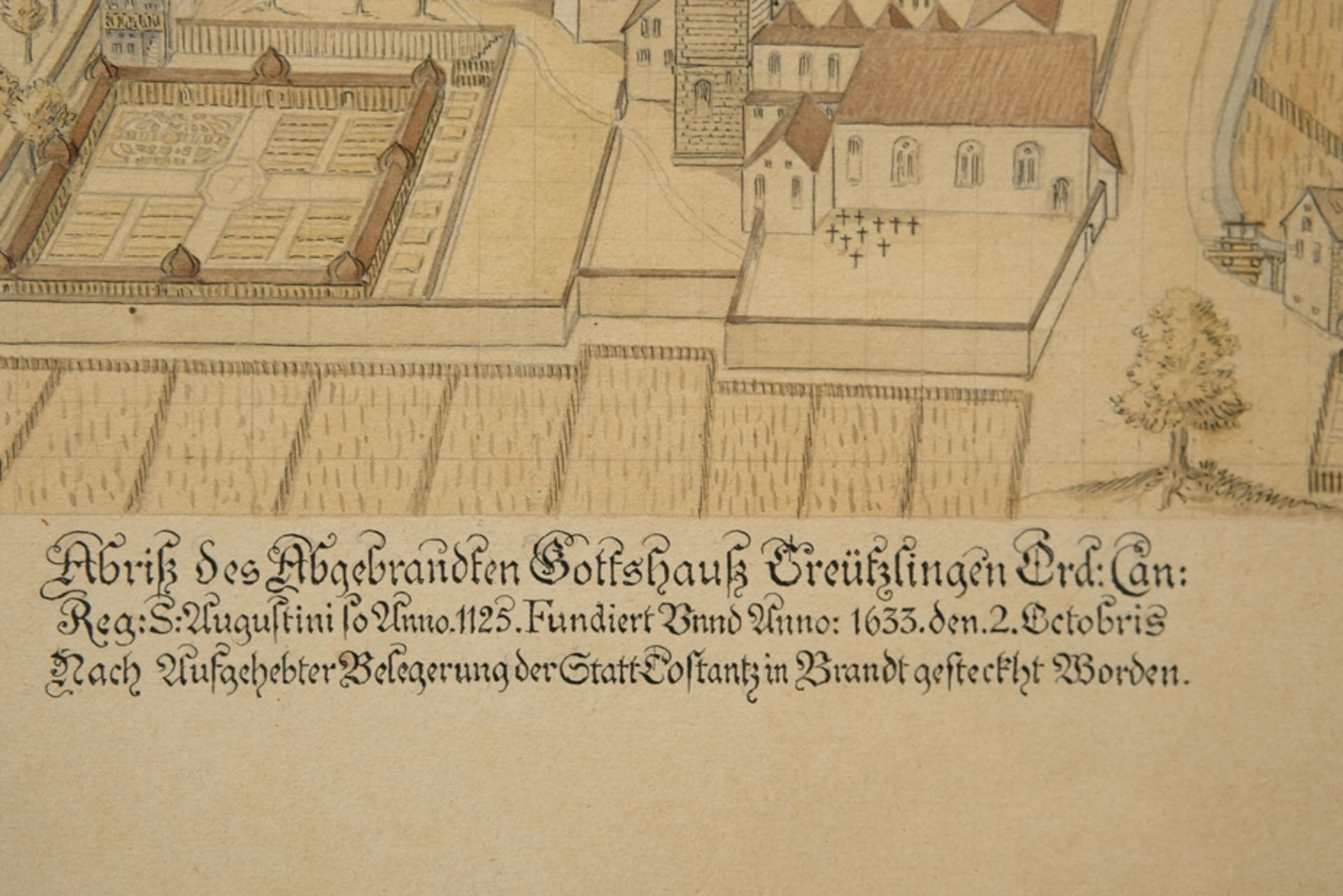 Preliminary drawing "Abriß des Abgebranndten Gottshaus Kreuzlingen", pencil, India ink and watercol - Image 4 of 5