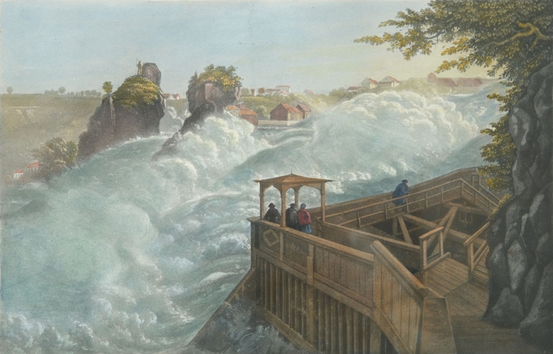 Rhine Falls "Vue de la Chûte du Rhin", 19th century, old coloured steel engraving. Inscribed with "