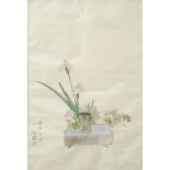 Ikebana-Arrangement, Japan, Aquarellstift auf Reis-Büttenpapier. 