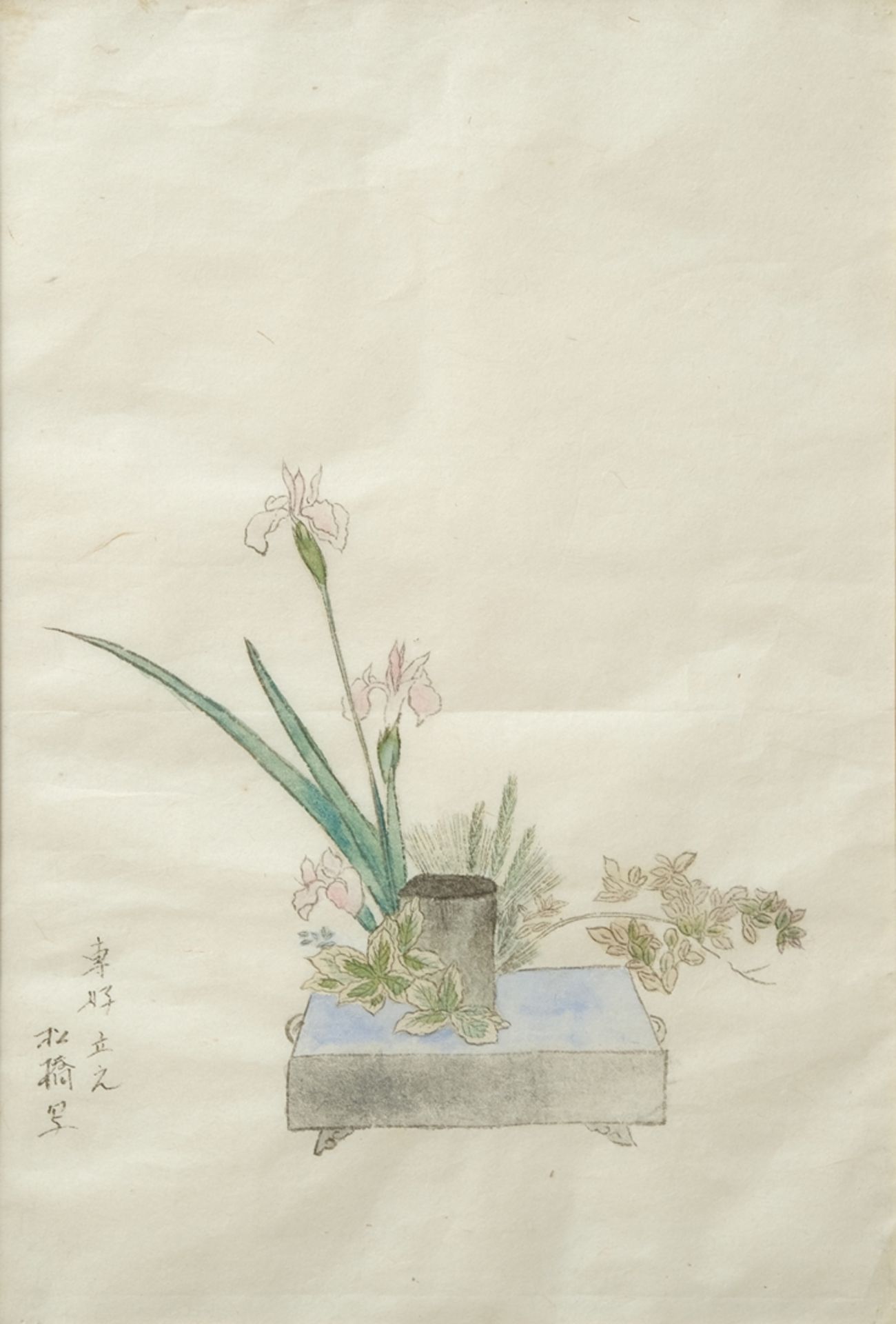 Ikebana-Arrangement, Japan, Aquarellstift auf Reis-Büttenpapier. 