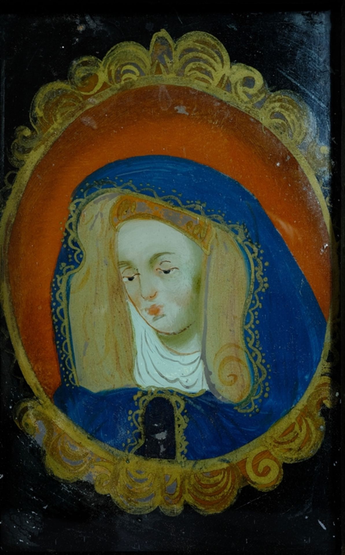 Marienportrait, Hinterglasmalerei, Öl auf Glas um 1700