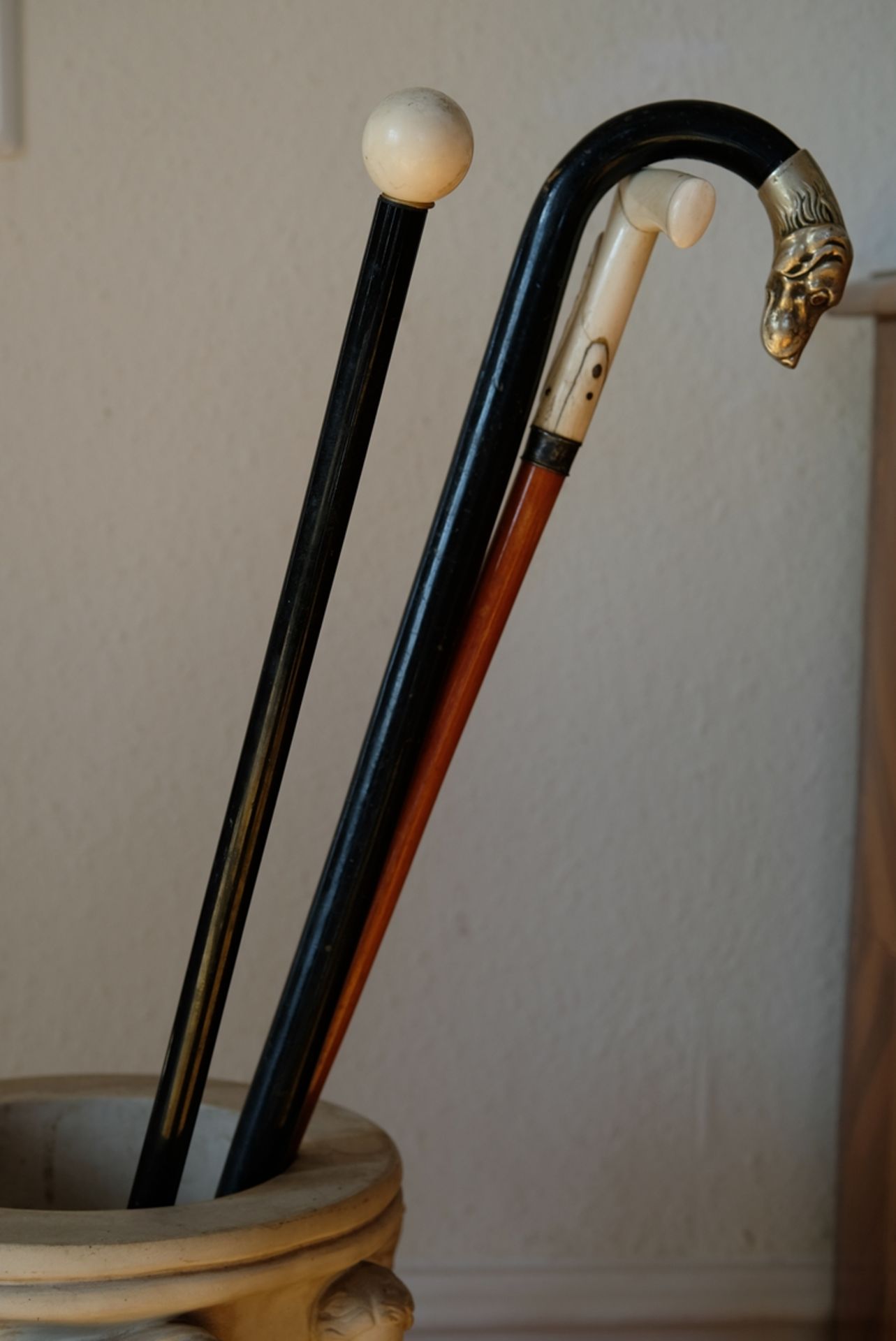 Three walking sticks, old, different materials: