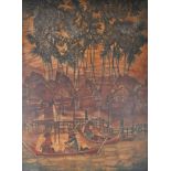 Batik artist (Indonesia 20th century) Houses on the river, Indonesian houses on high stilts under p
