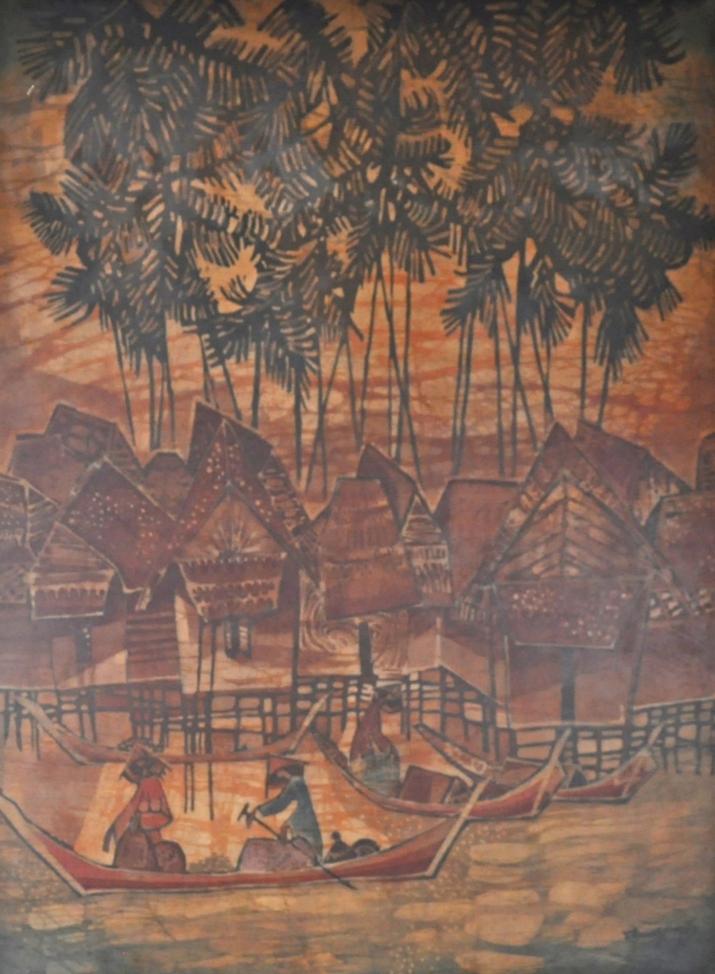 Batikkünstler Häuser am Fluss, 20. Jh. Indonesien, Batik auf Stoff. Indonesische Häuser auf hohen P