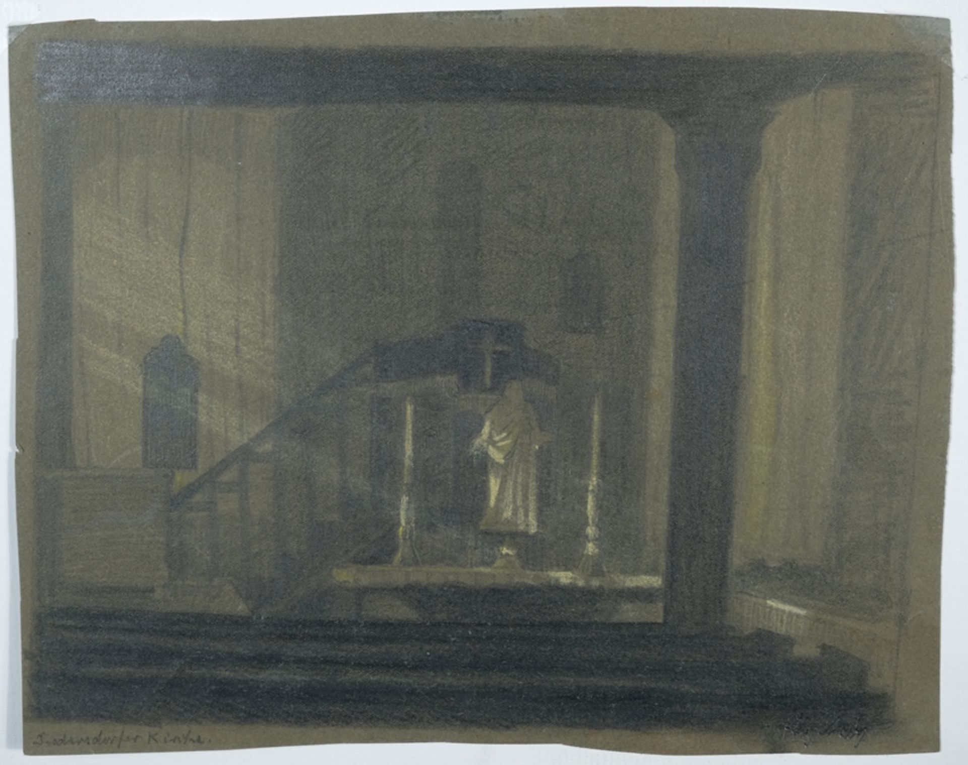 Schön, Werner (1893-1970) "Diedersdorfer Kirche", pencil drawing on dark paper. 