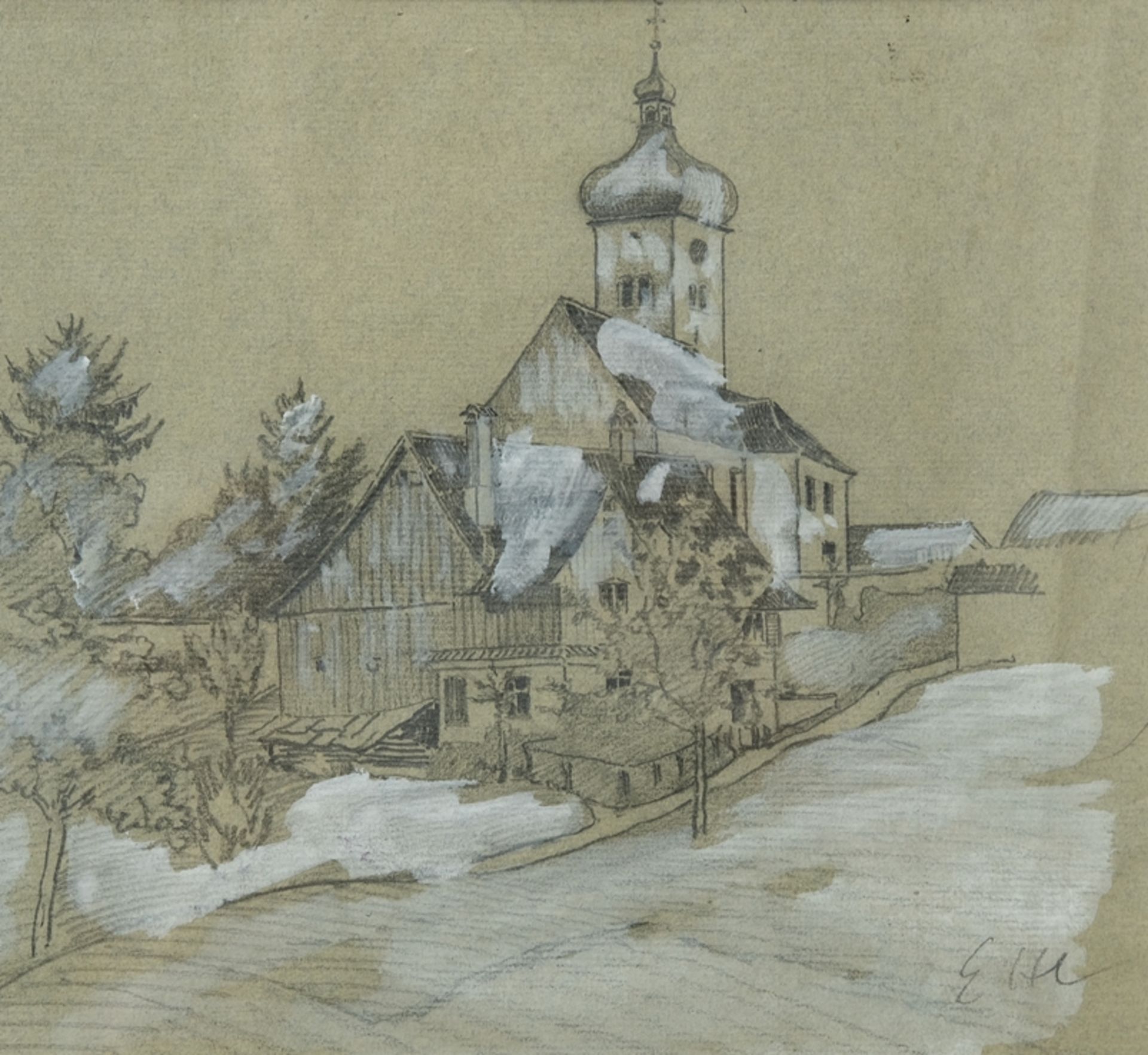 Compton, Edward Harrison (1881-1960) Snow-covered Church, drawing, no year.