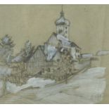 Compton, Edward Harrison (1881-1960) Schneebedeckte Kirche, Zeichnung, ohne Jahr.