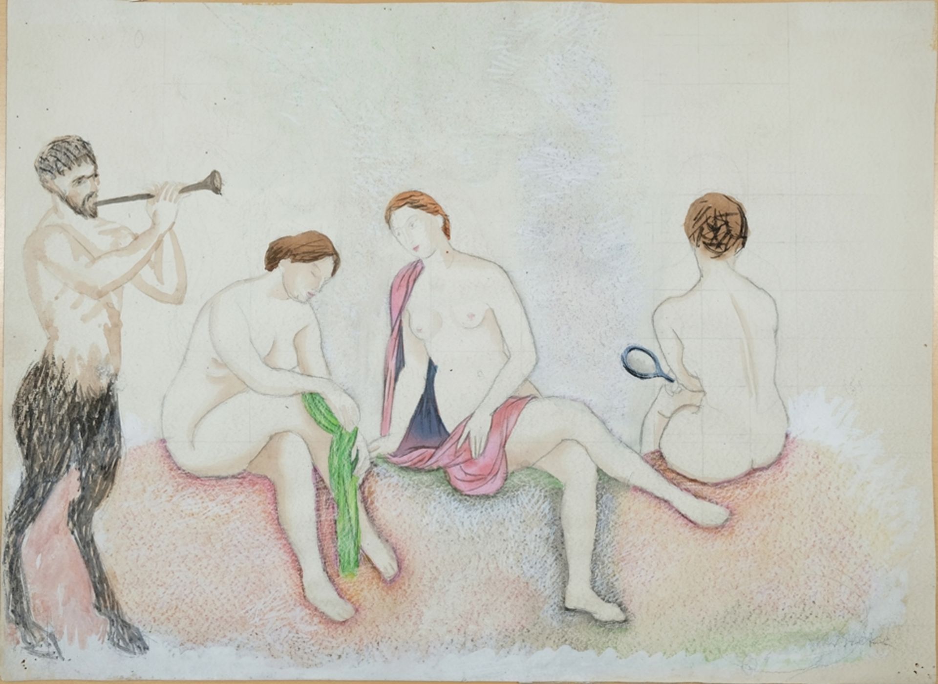 Werneke, Franz (1906-1989) Satyr mit drei Damen, Aquarell über Bleistift auf Papier. 