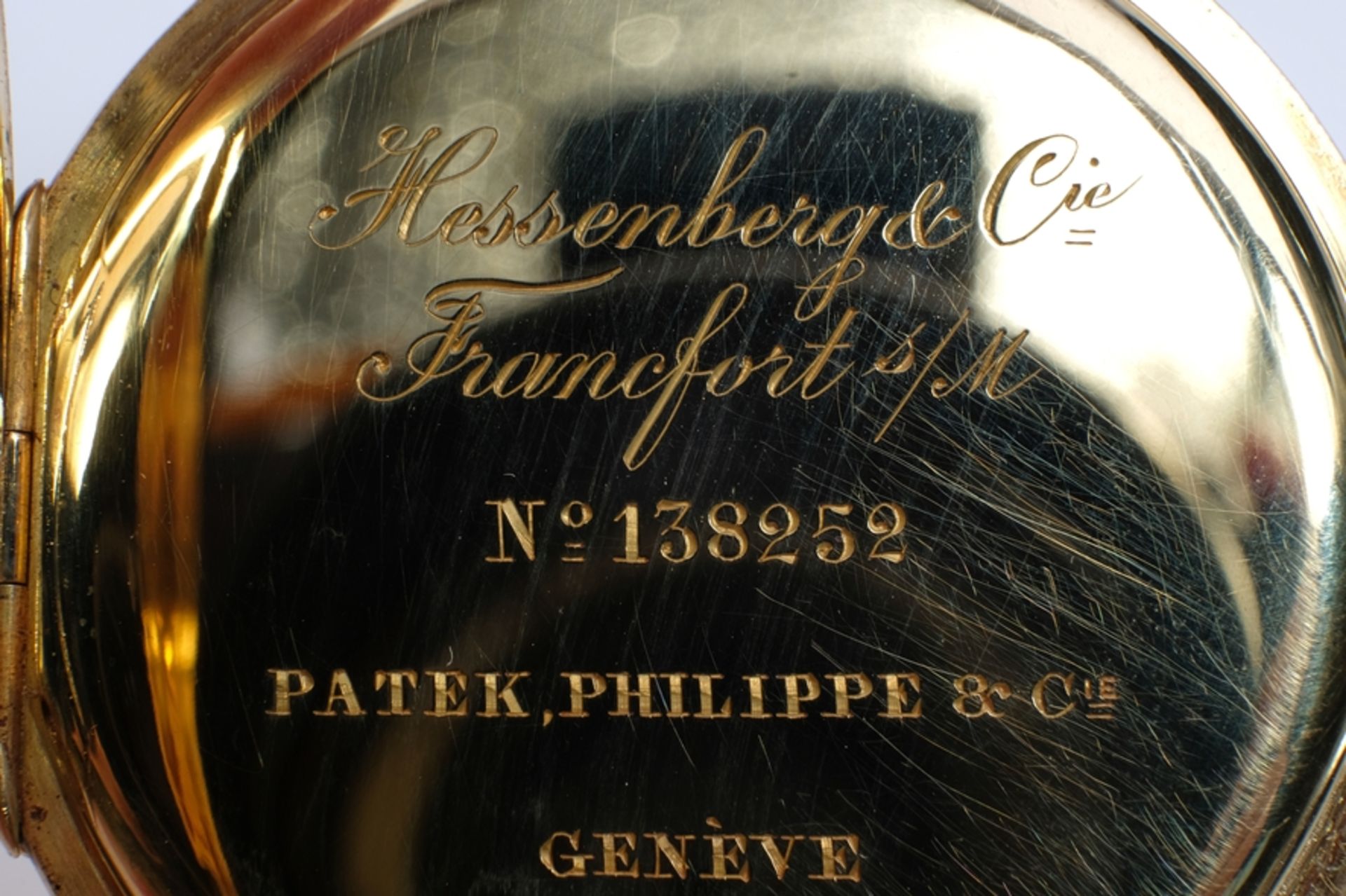 Patek Philippe Taschenuhr 18ct, Gehäuse 750 Gelbgold, Rückseite monogrammiert, Rückdeckel mit Marke - Bild 6 aus 9