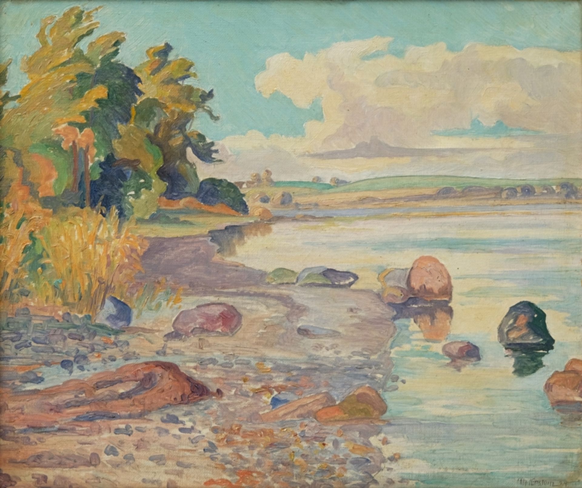 Kirstein, Th. (20th century)(20th century) Shore Landscape in Denmark, no year, oil on canvas. 