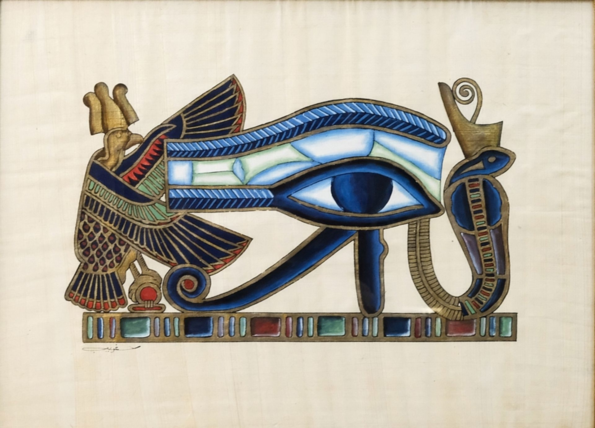 Unknown, Eye of Horus, opaque colours and gold paint on papyrus.