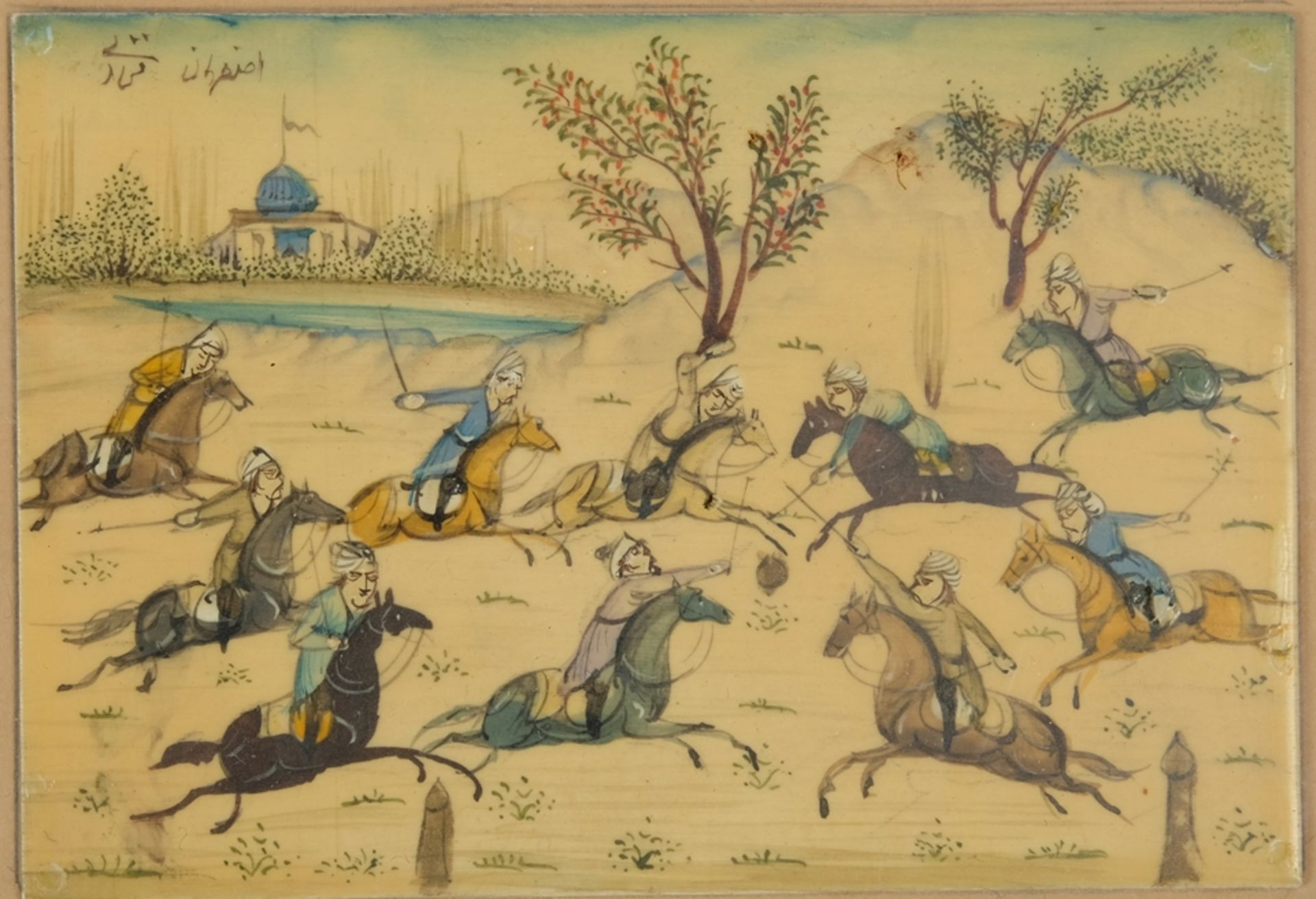 Persian miniature on a leg, Polo player on horseback. Paper label on the reverse with maker's mark