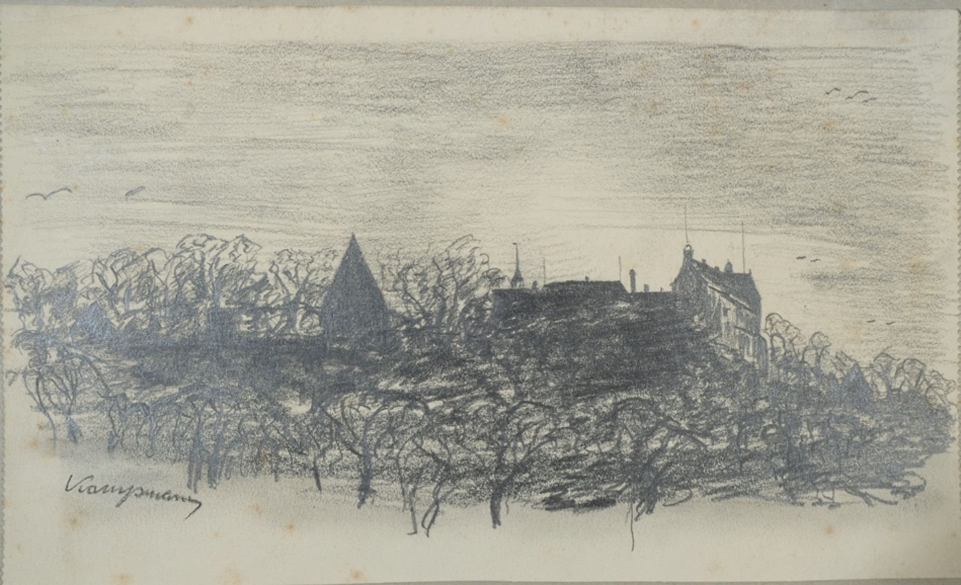 Attributed to Kampmann, Gustav (1859-1917), Streuobstwiese vor Schloss, pencil on sketchbook paper.