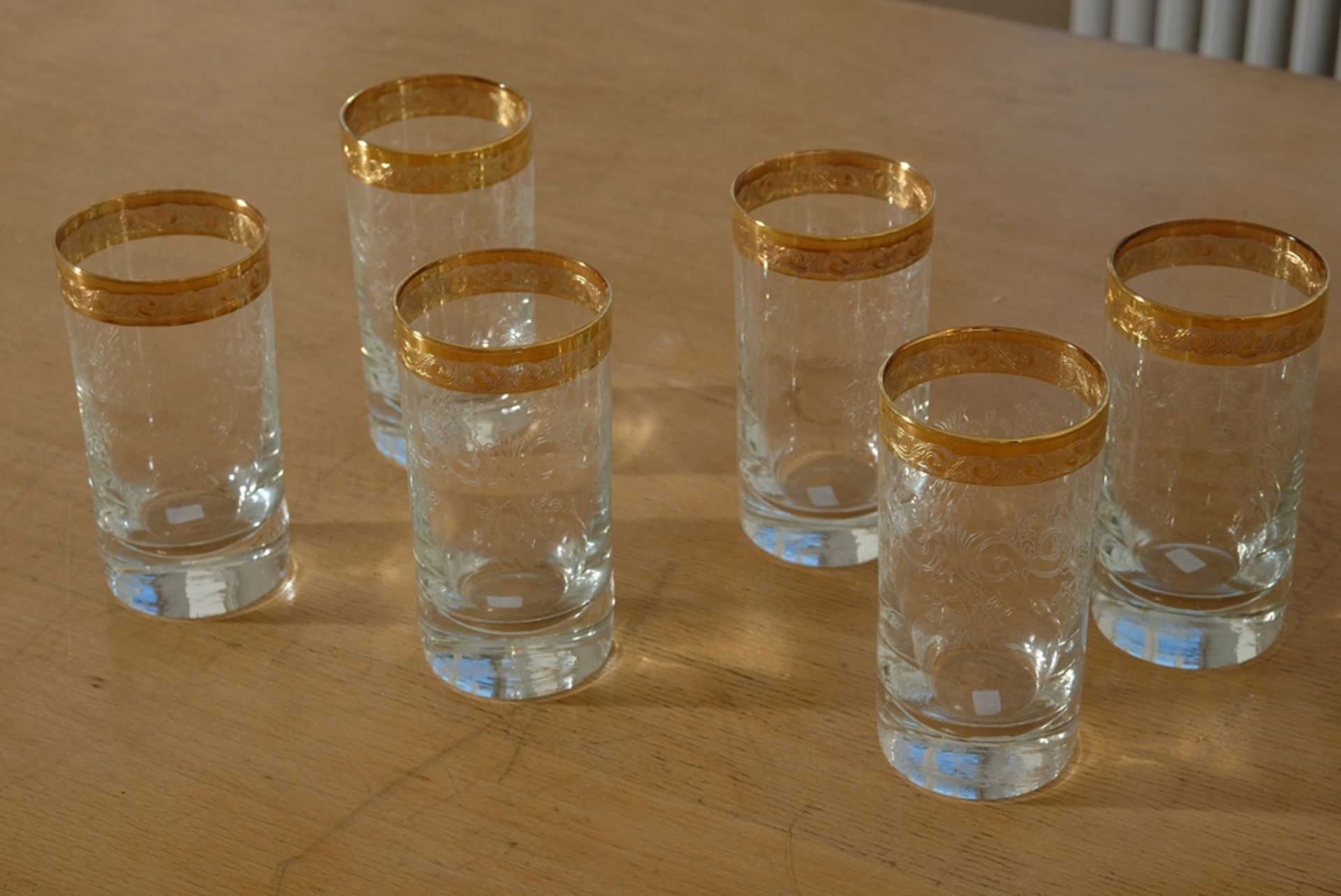 Murano Medici gold rim, six long drink glasses, crystal glass engraved with plant motifs. - Image 2 of 3