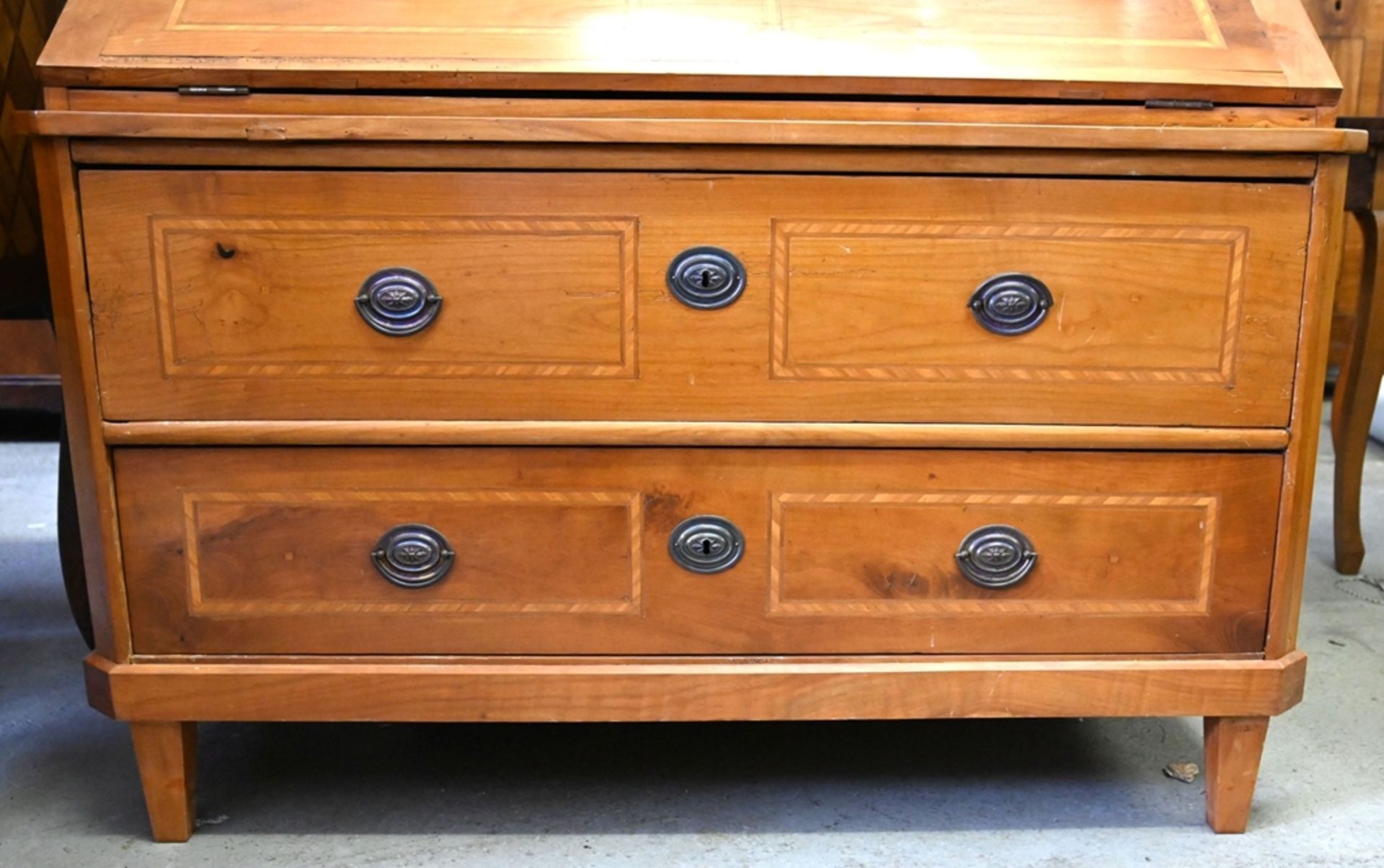 Writing chest with sloping flap, around 1800, cherry wood with thread inlays. Two drawers. Interior - Image 5 of 6