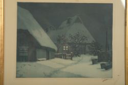 Rogge, Emy (1866-1959) Gehöft im Schnee, ohne Jahr, Farblithographie.