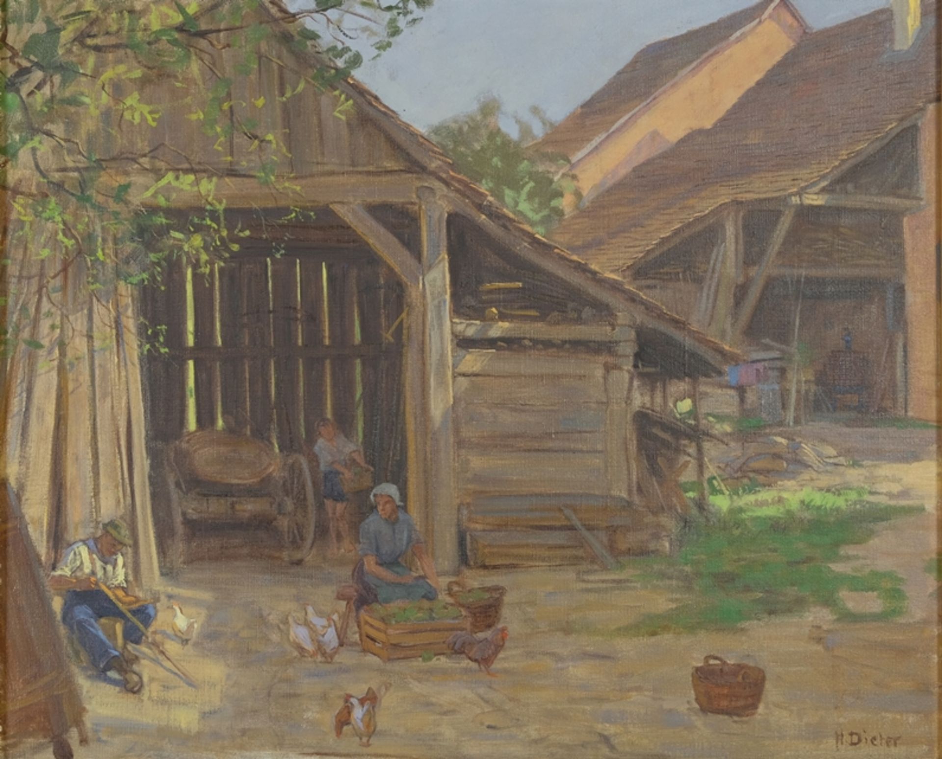 Dieter, Hans (1881-1968) Farm near Constance, the whole farming family is busy: a few chickens in t
