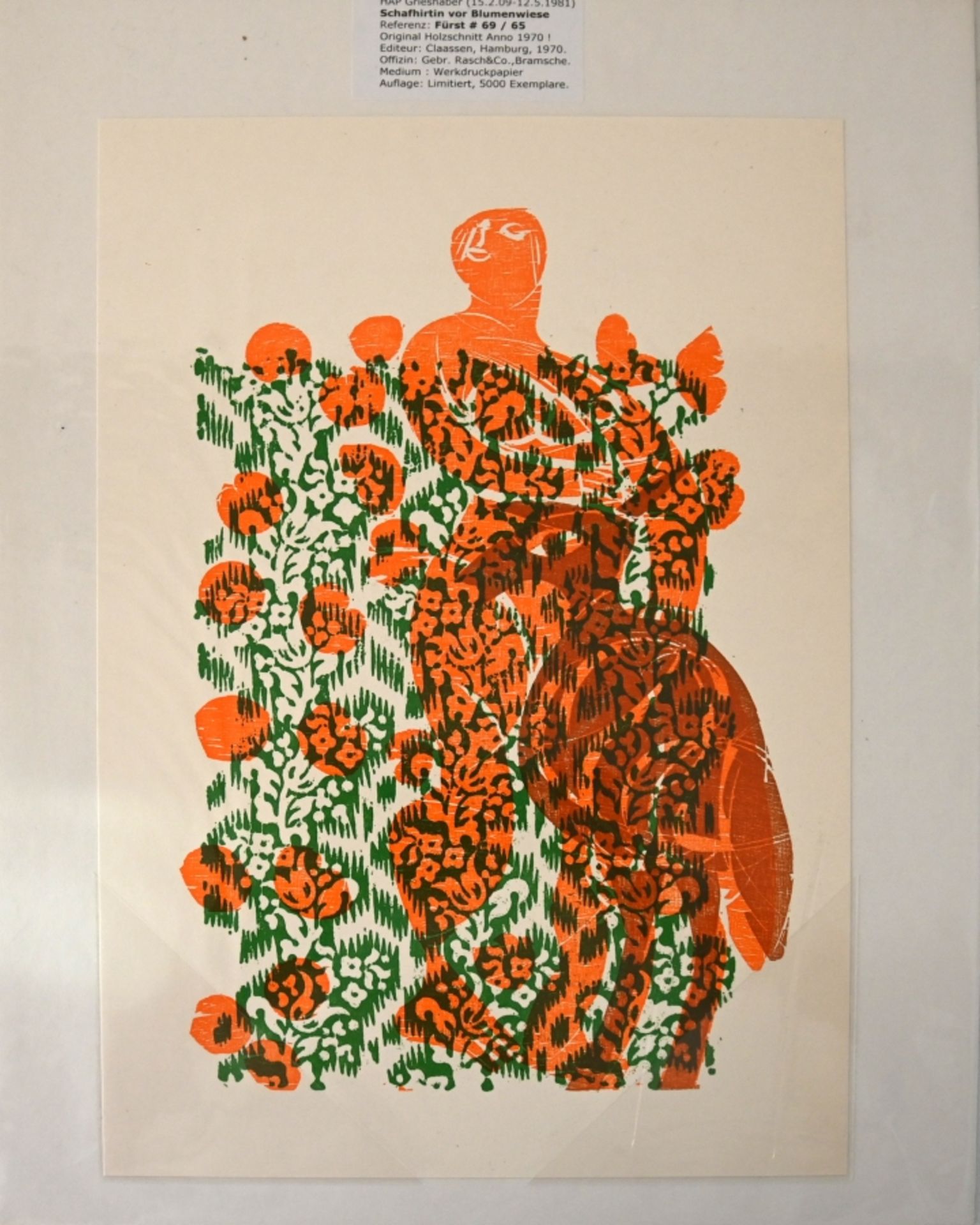 Grieshaber, HAP (1909-1981) "Schafhirtin vor Blumenwiese", 1970, colour woodcut. - Image 2 of 2