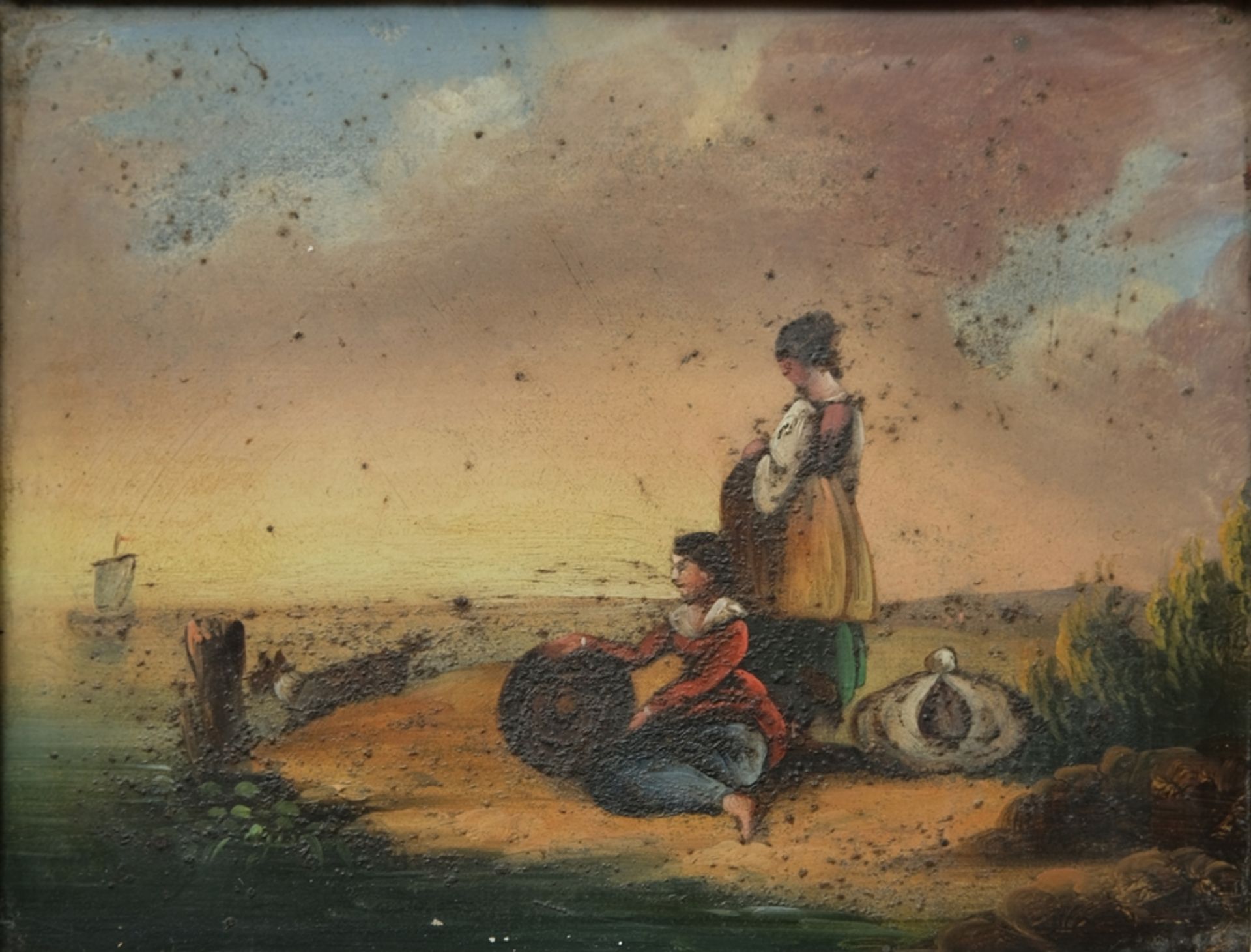 Unknown, Two girls on the shore, oil miniature on metal plate. 