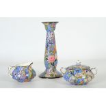 Three-piece set "Crown Ducal Ware England": milk jug, sugar bowl and candlestick with porcelain sta