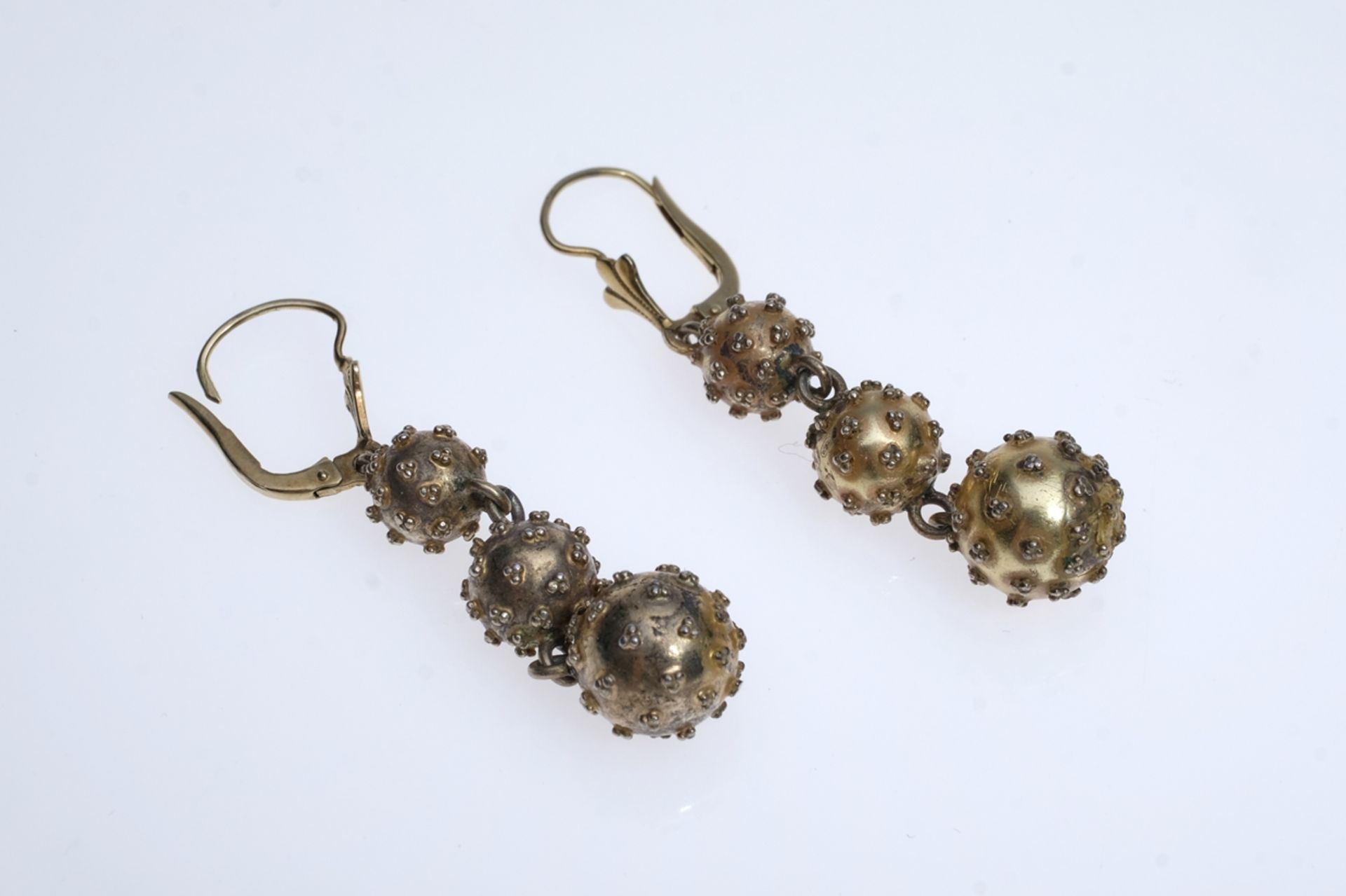 Antique pair of drop earrings, three spheres set on top of each other, decorated with small spheres