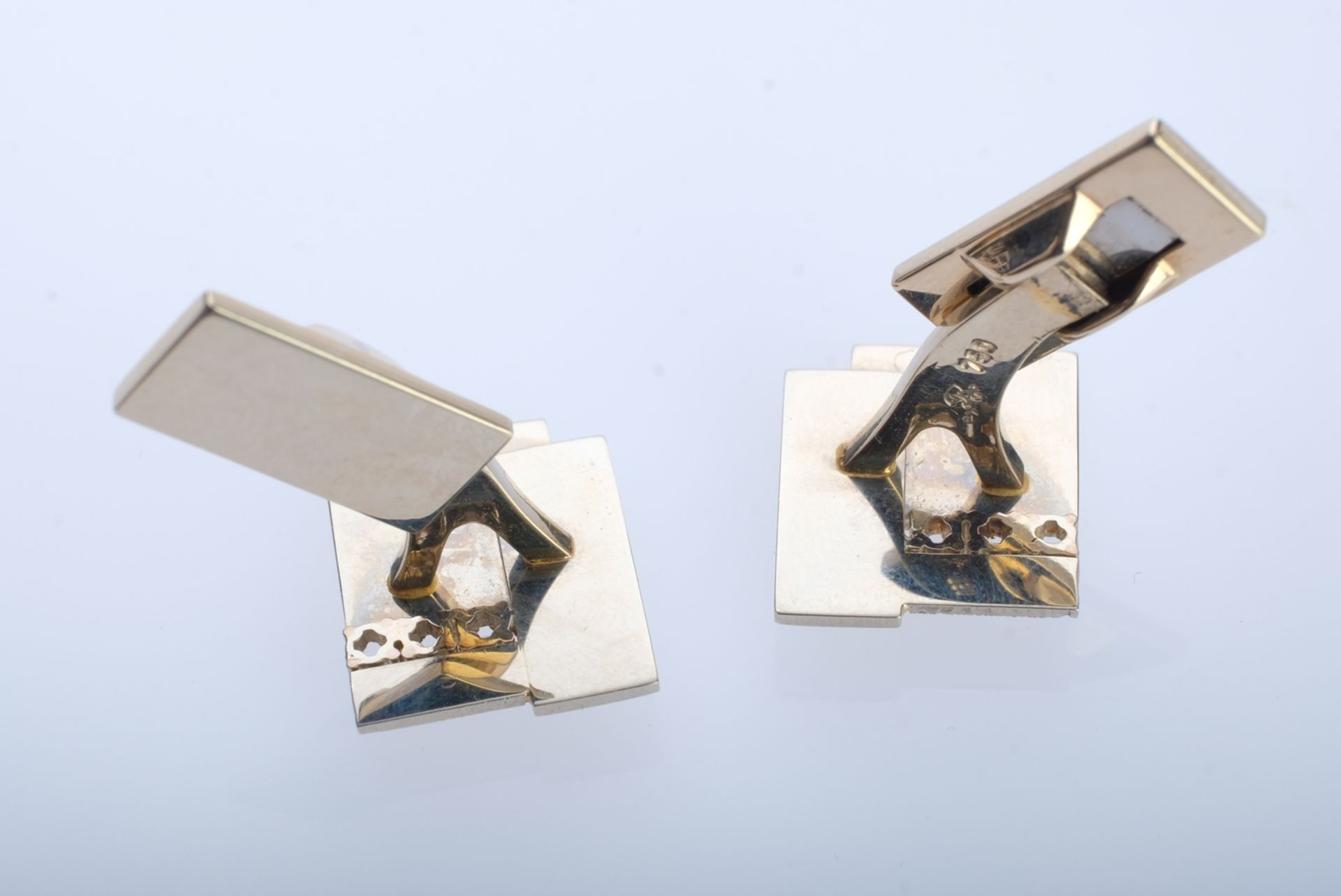 Cufflinks, geometric shapes, each set with three brilliant-cut diamonds, around 0.03ct, 750 white g - Image 2 of 2