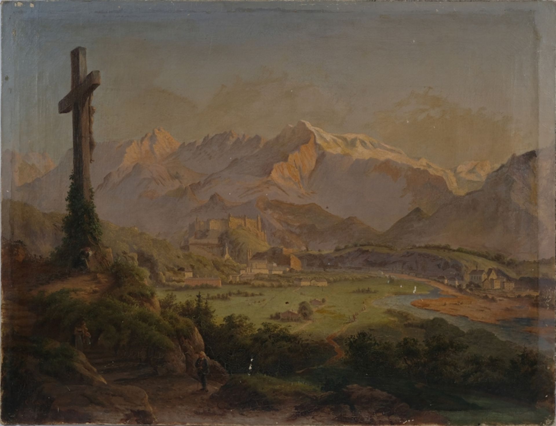 Caspar, C. (19. Jahrhundert) Alpen mit Festung und Wegkreuz, um 1860, Öl auf Leinwand.
