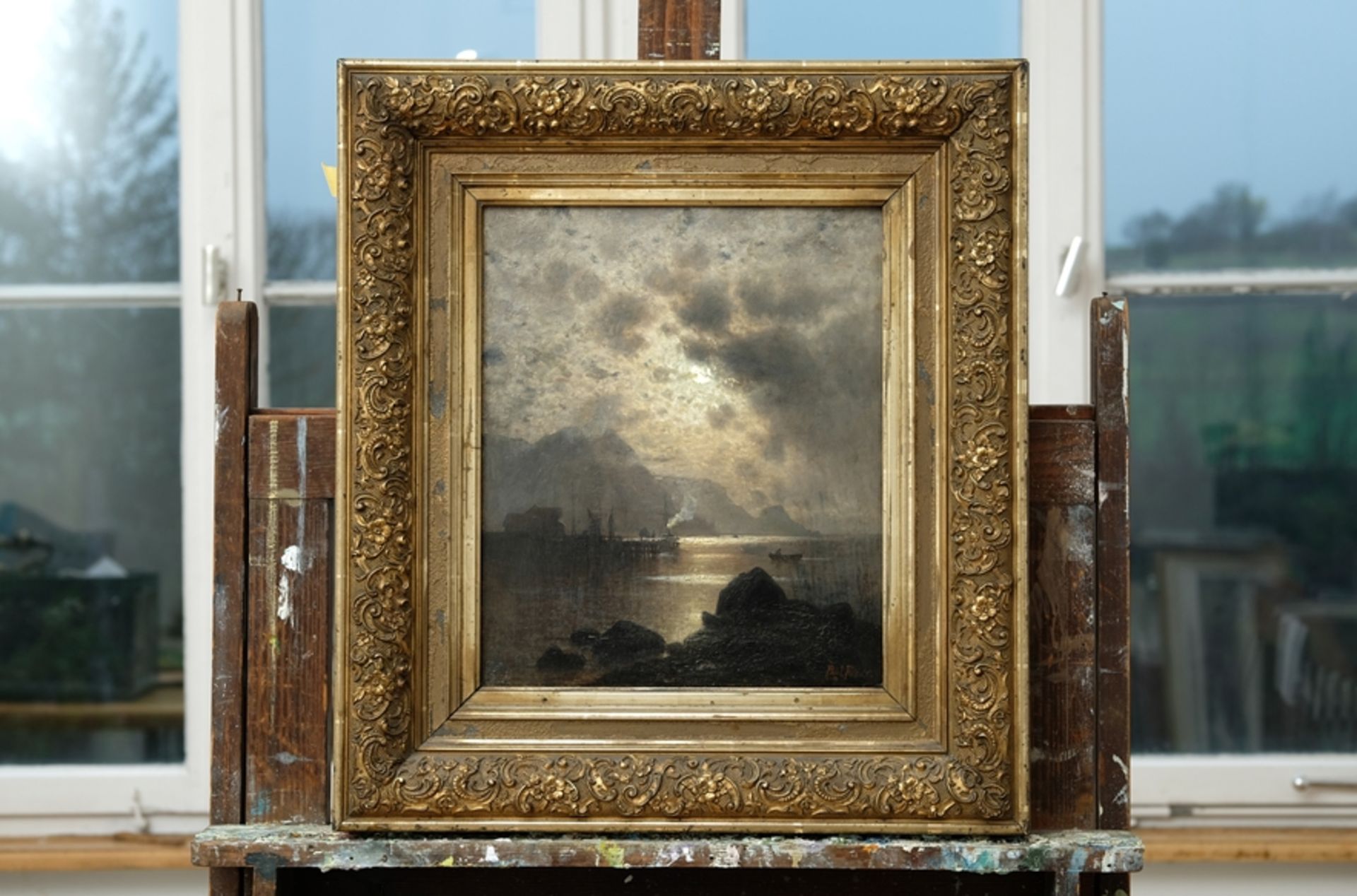 Riess, Paul (1857-1933) Norwegische Küstenlandschaft bei Mondschein, um 1890, Öl auf Holz. - Bild 2 aus 8