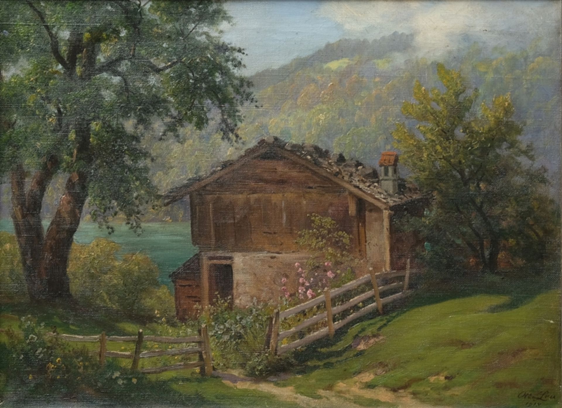 Leu, Otto Friedrich (1855-1922) Berghütte an Alpsee, 1915, Öl auf Leinwand.