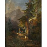 Helfreich, M. (19. Jahrhundert) Hirtenszene, idyllischer Blick ins Tal auf einen Waldrand, Hirten m