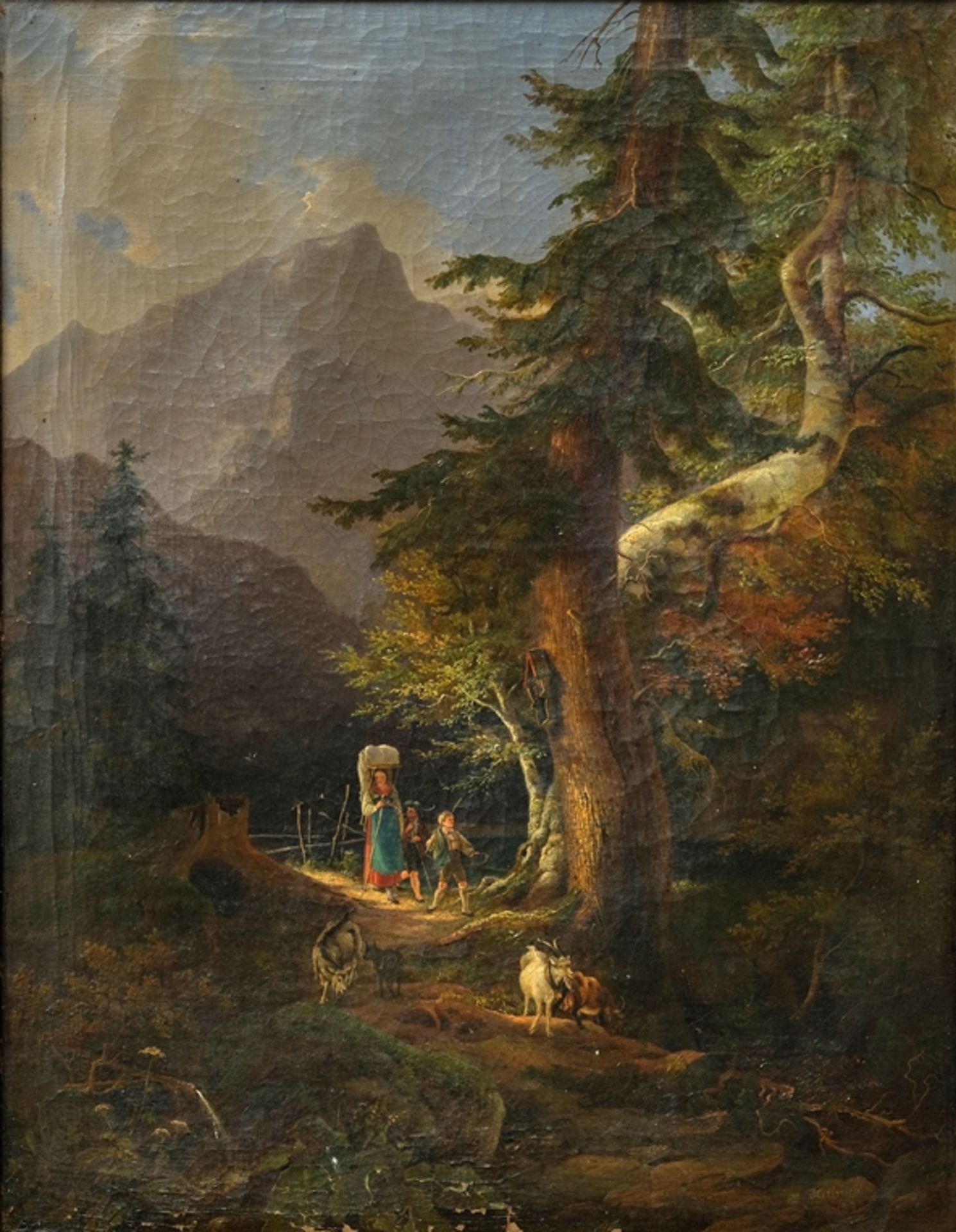 Helfreich, M. (19th century) Pastoral scene, idyllic view into the valley to the edge of a forest, 