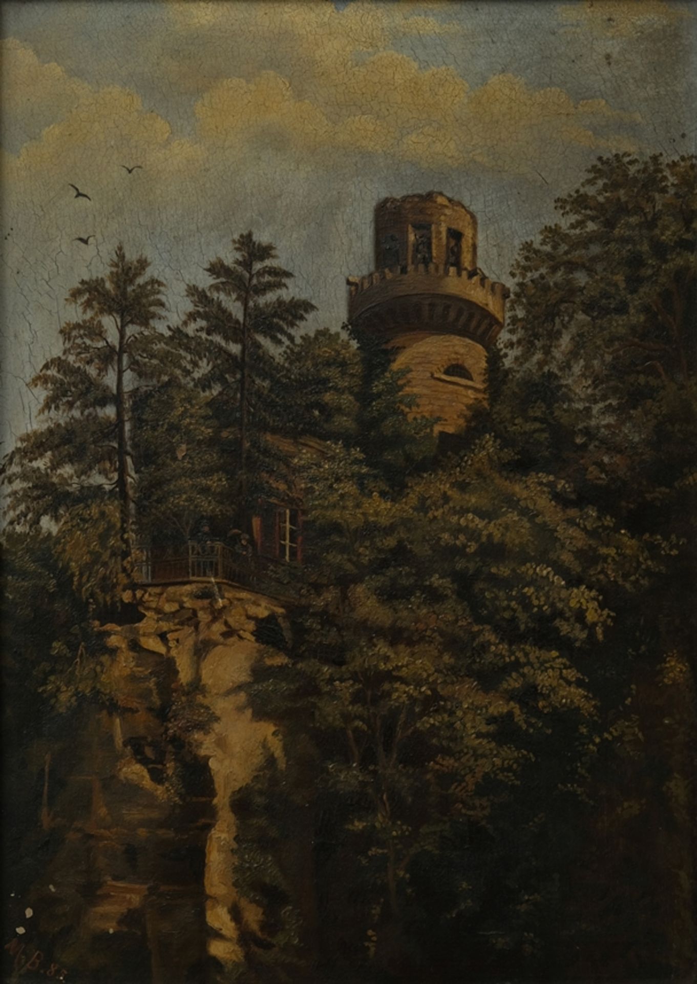 Monogramist "M.B." (19th century) Castle ruins in the forest, visitors looking down into the valley