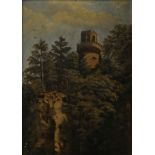 Monogramist "M.B." (19th century) Castle ruins in the forest, visitors looking down into the valley
