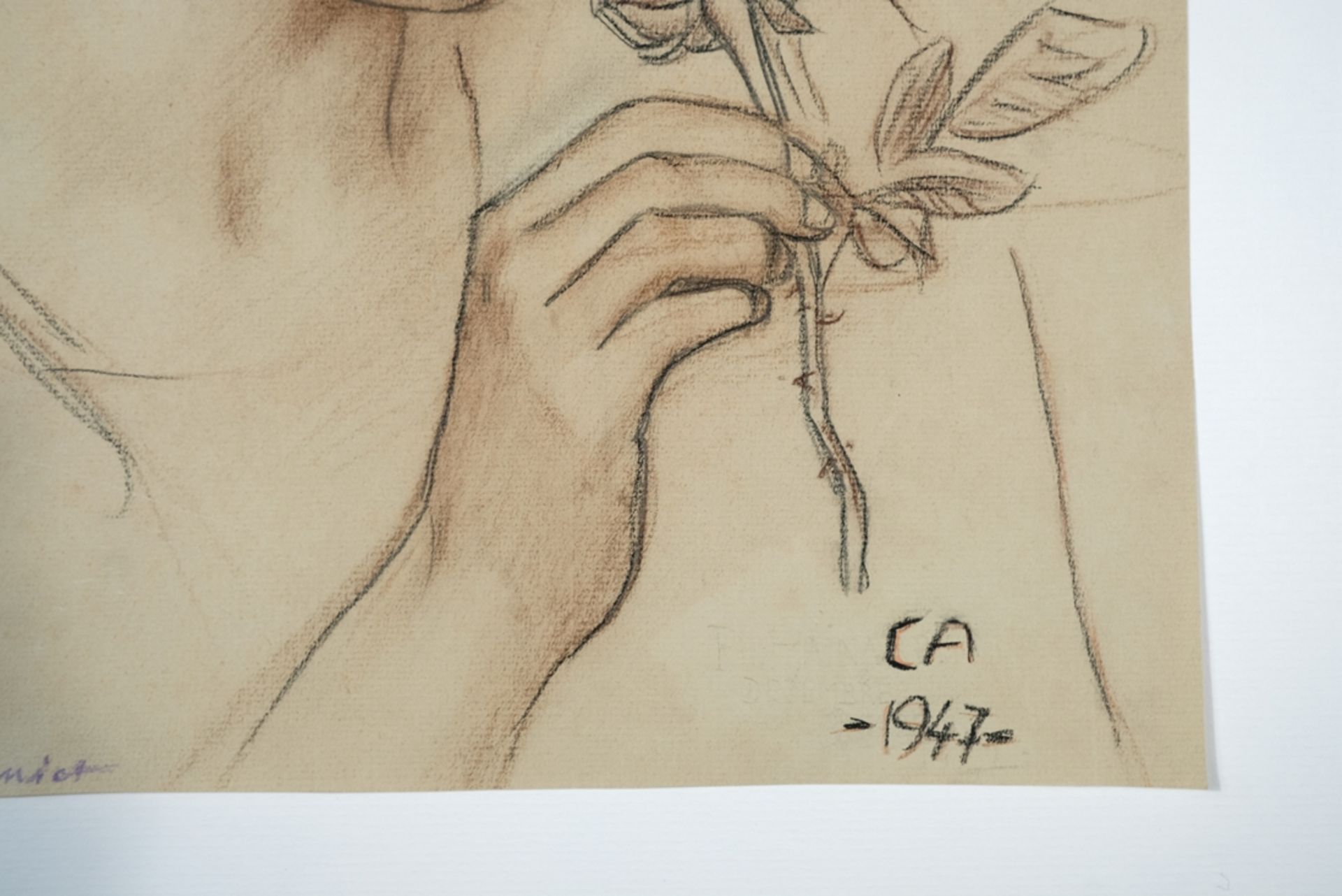 Amiet, Cuno Peter (1868-1961) Damenportrait mit Rose, 1947, Konturen-Kohle-Farbkreide-Zeichnung auf - Bild 2 aus 3