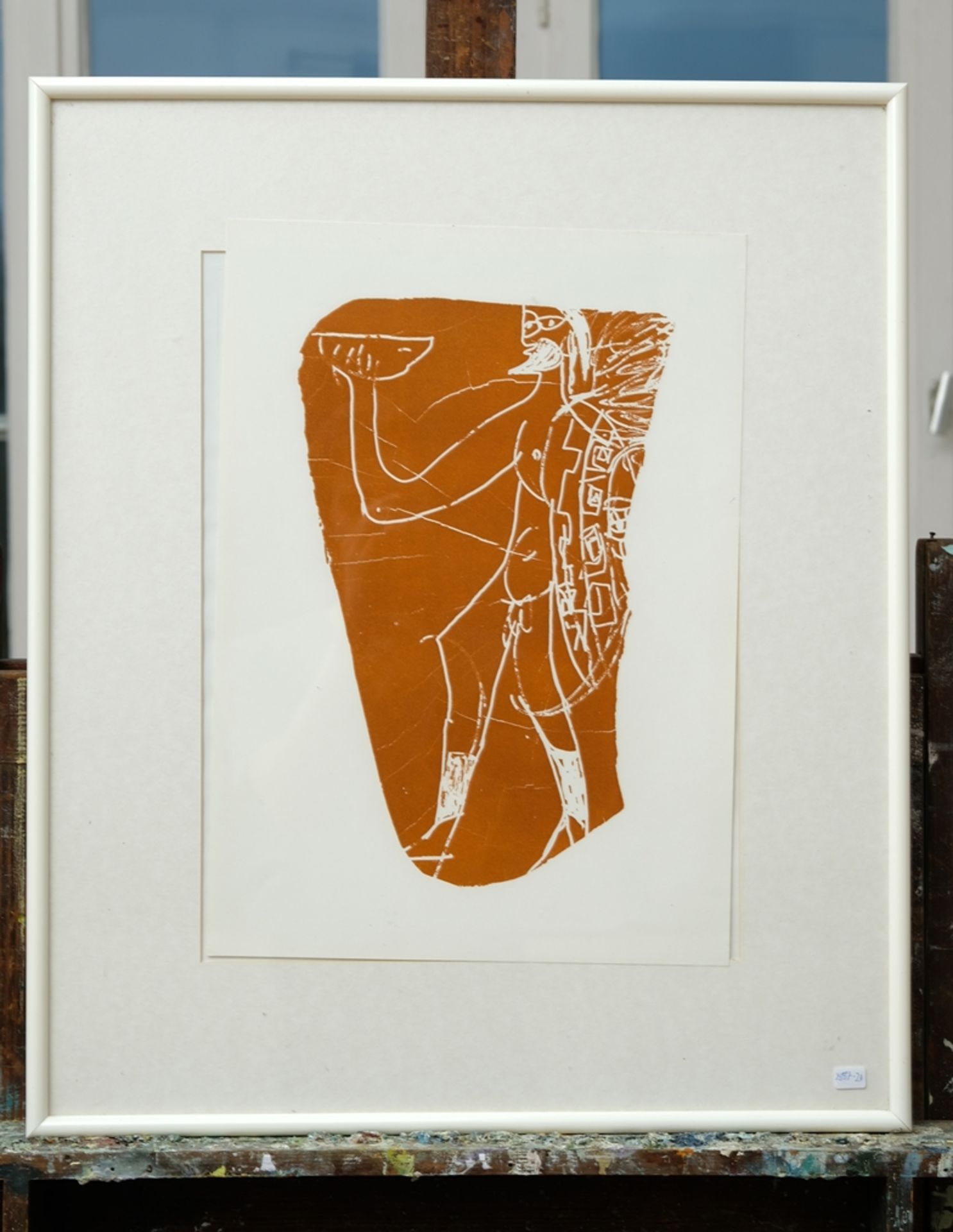 Grieshaber, HAP (1909-1981) „Griechischer Krieger mit Trinkschale“, brauner Holzschnitt auf Papier, - Bild 2 aus 3