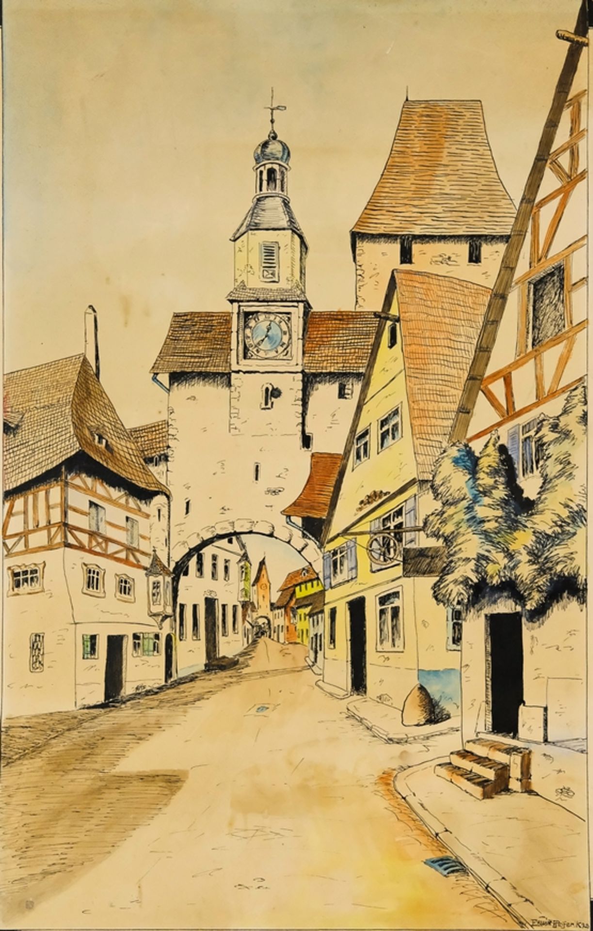 Pfeifer, Erwin (1862-1948) Stadttor, pen and watercolour.